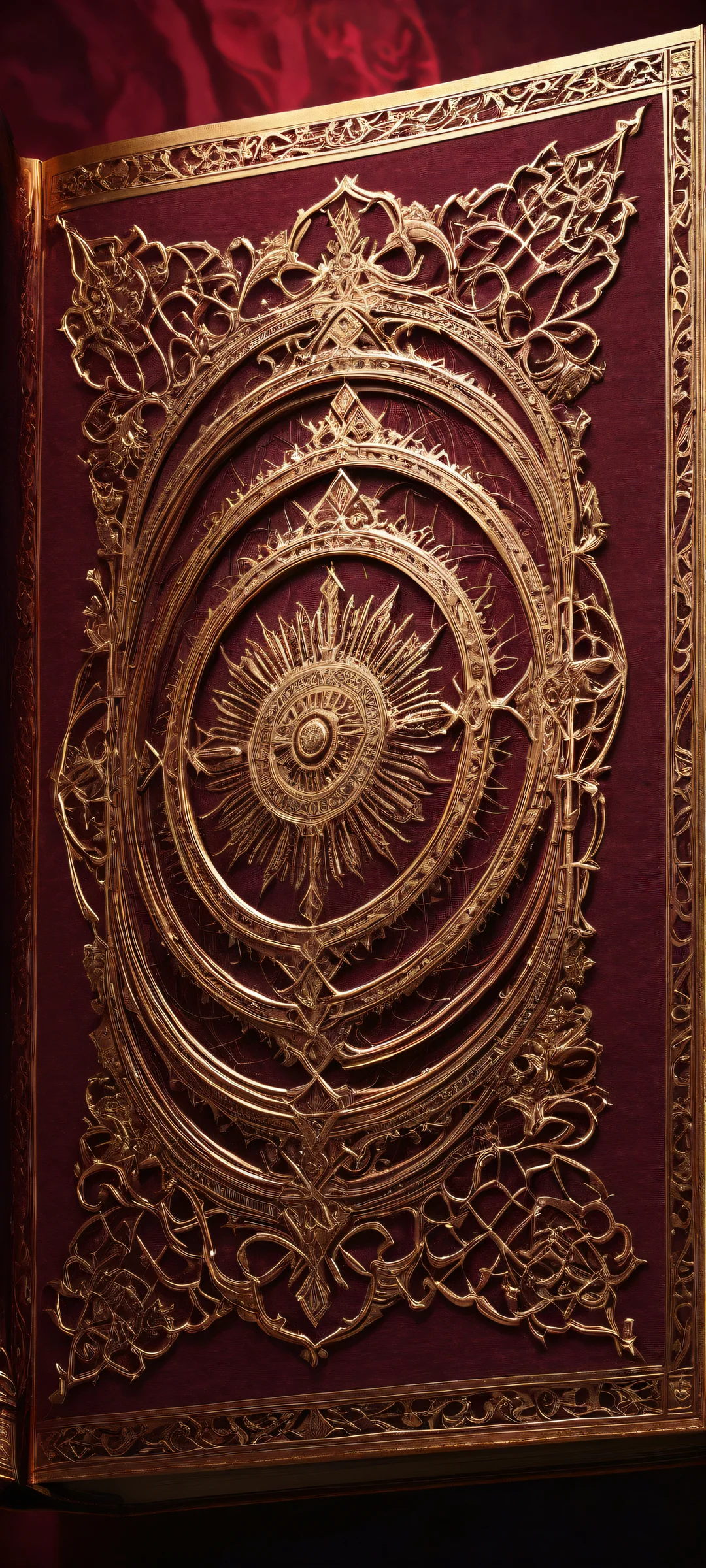 Ancient tome on a deep maroon background with intricate details. Perfect for iPhone/Android home screens.