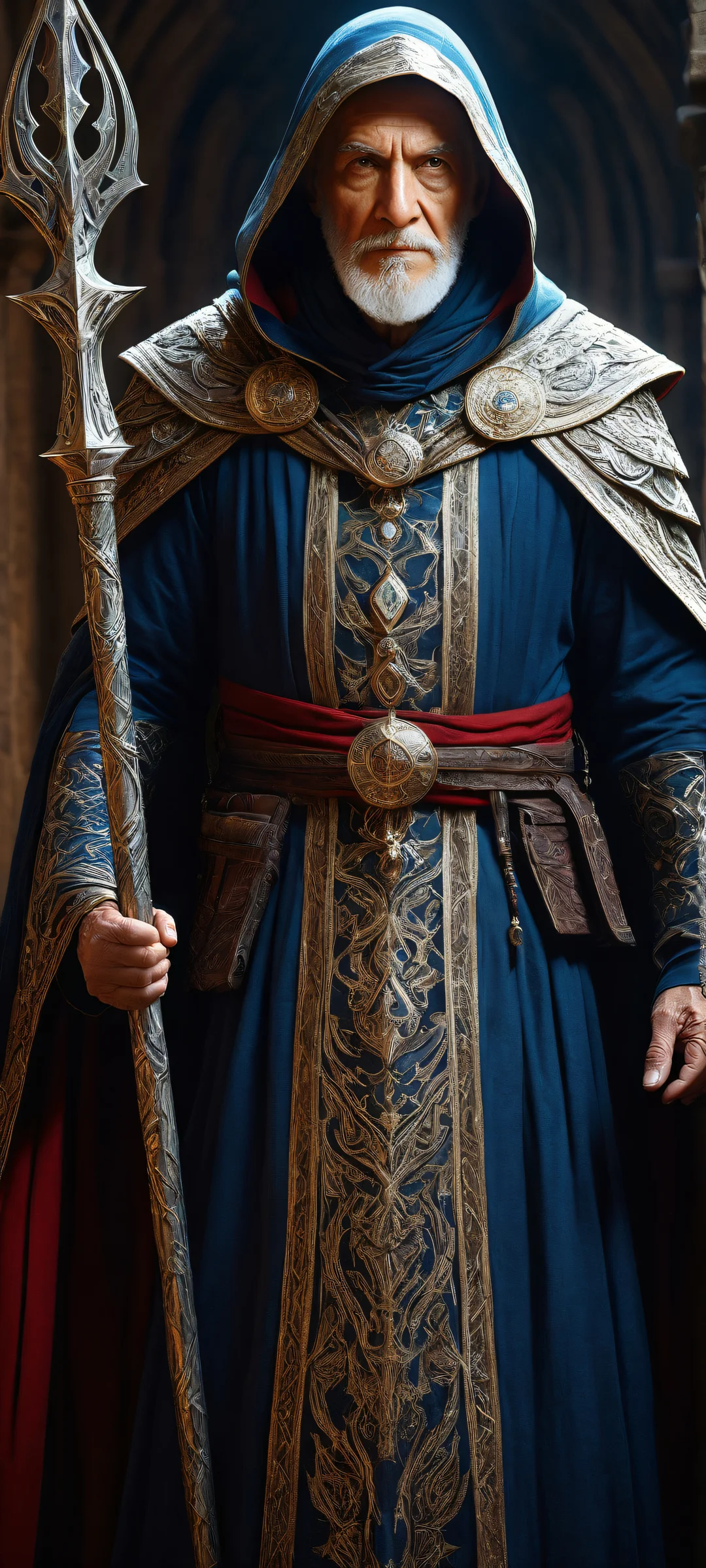 An elderly mage stands in a void with an ancient dungeon in the background - iPhone/Android compatible wallpaper