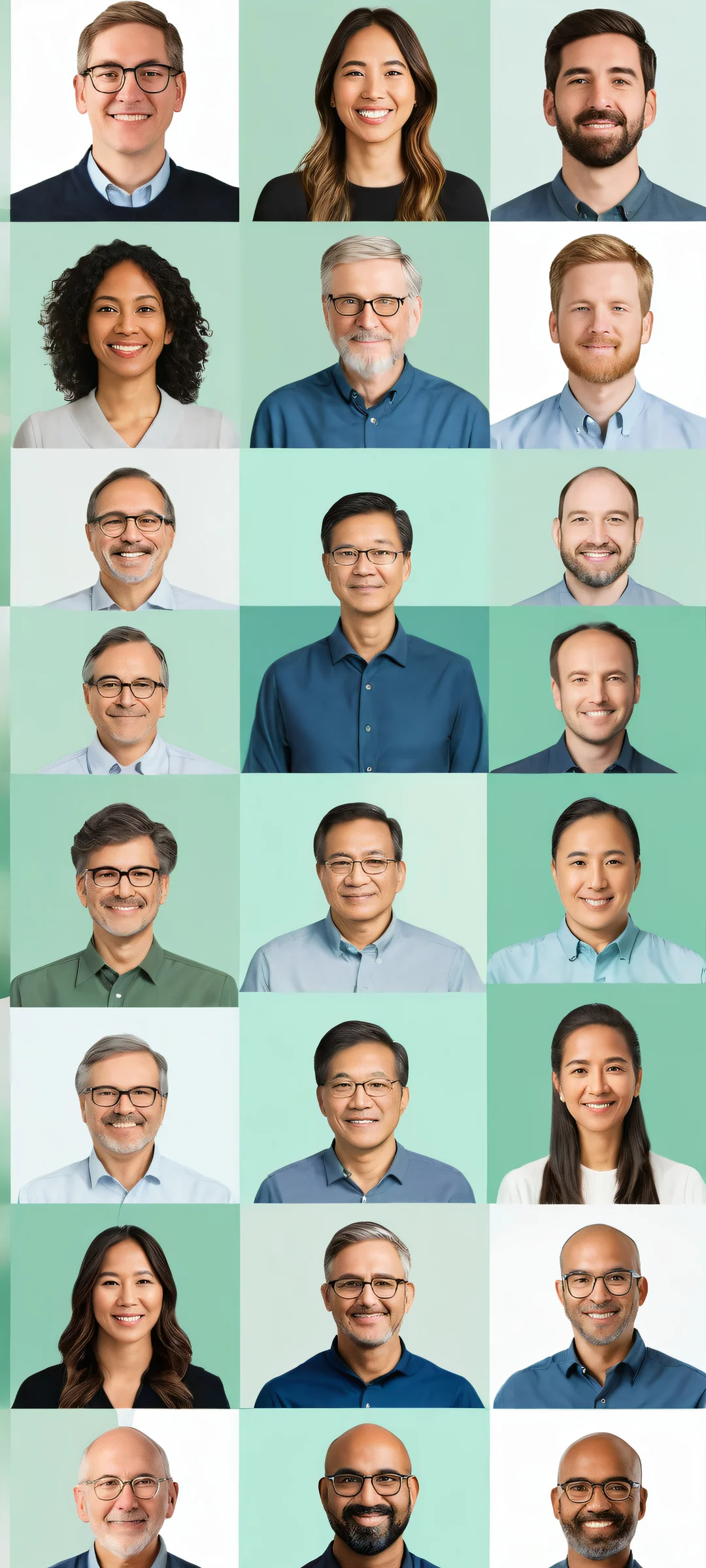 Digital avatars and team members' faces in a vast online meeting space with iPhone/Android device.