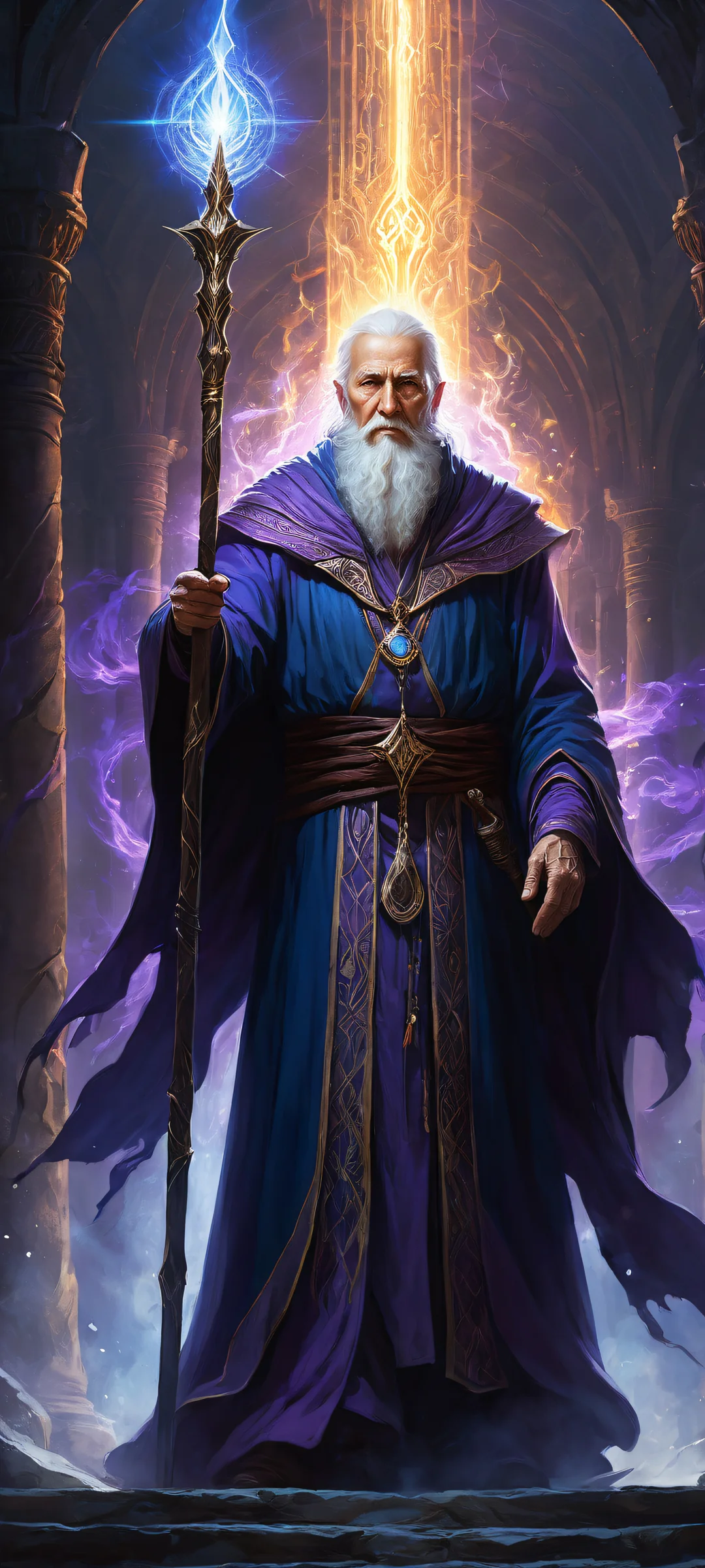 iPhone/Android wallpapers featuring an elderly mage in a mystical dungeon setting, with intricate details and ethereal lighting.