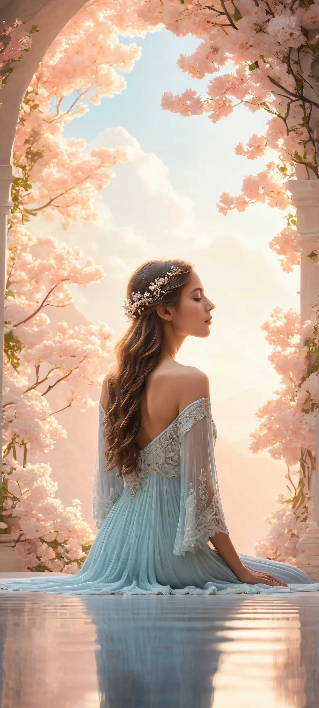 A serene girl surrounded by a peaceful atmosphere, perfectly optimized for iPhone and Android home screens.