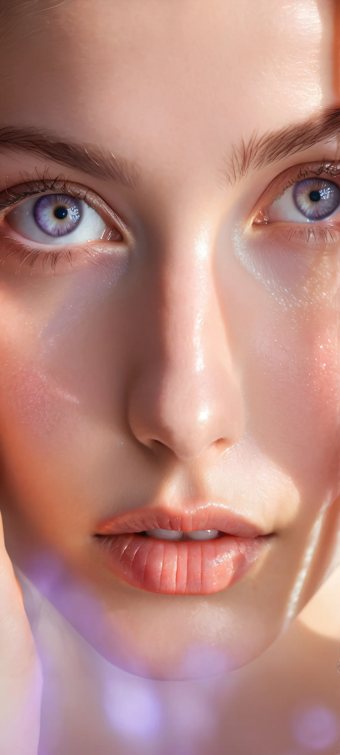 A young woman in a serene setting, Perfectamente optimizado para pantallas de inicio de iPhone y Android.. Her flawless skin and captivating eyes are illuminated by soft pastel hues of lavender and cream.