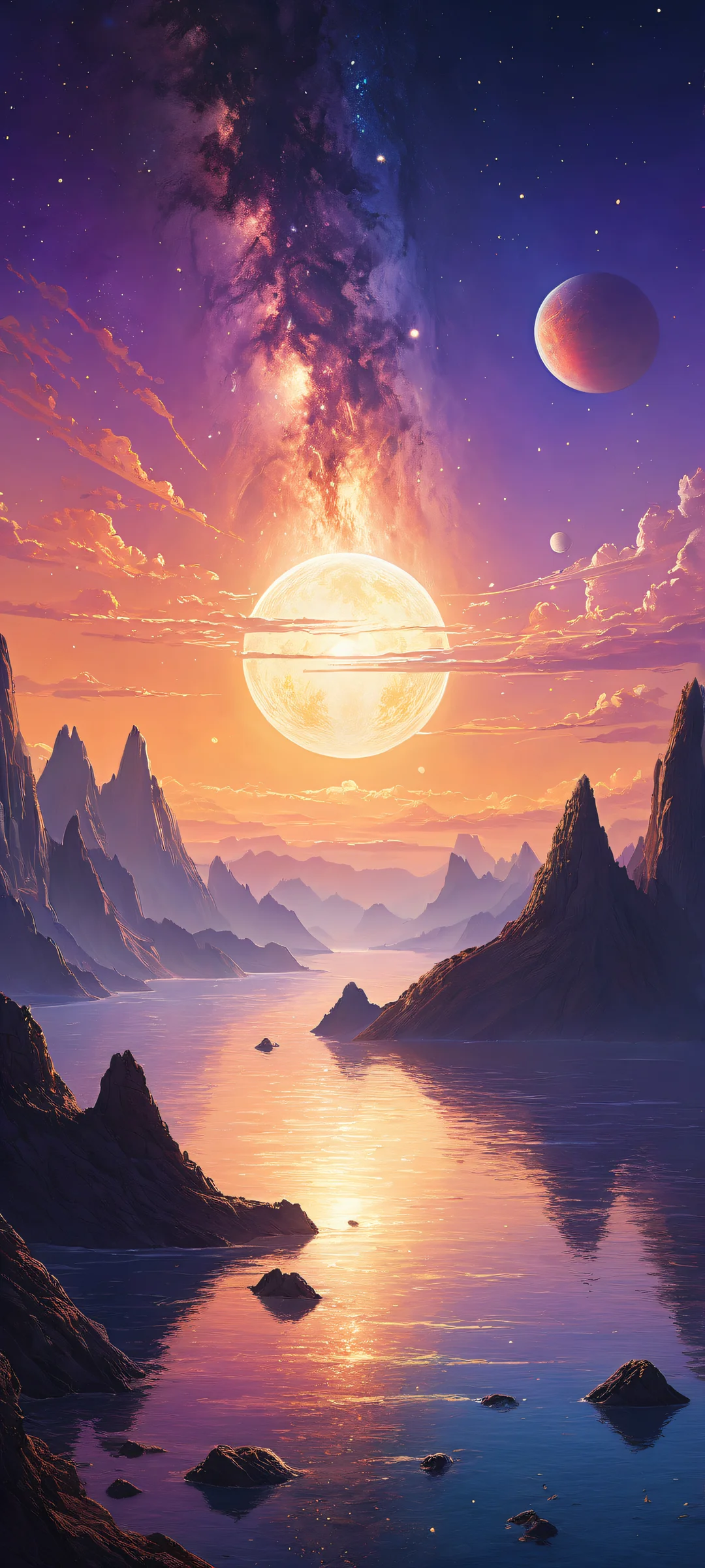 Ethereal Cosmology Lock Screen for iOS & Android Planetary Landscape on iPhone/Android - Breathtaking cosmic artwork with celestial bodies and stars, empty top half, and stunning planetary landscape in the lower middle.