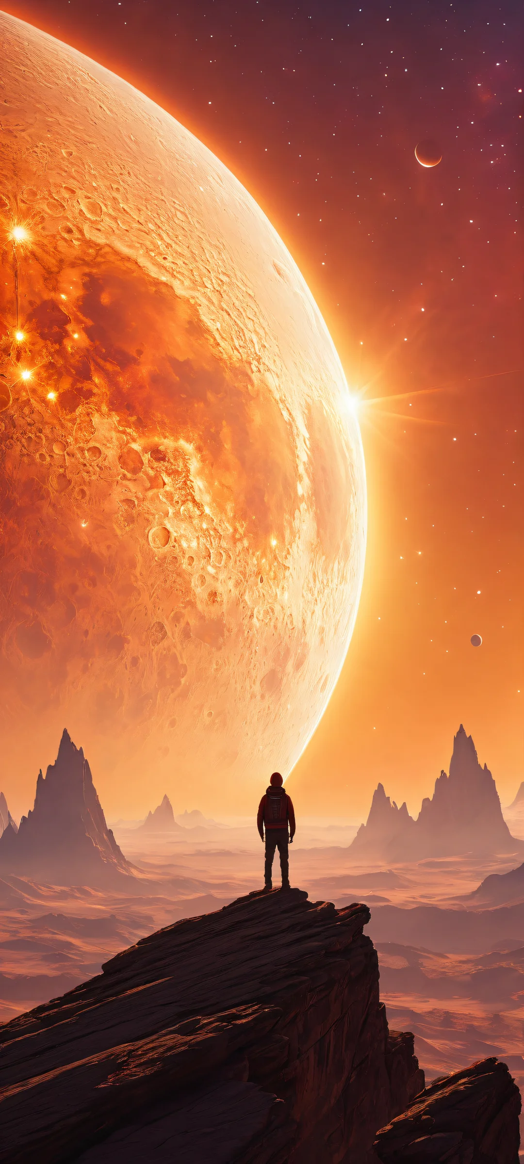 Ethereal Cosmos Lock Screen for iOS & Android A breathtaking portrait of celestial bodies against a pure void background, perfectly optimized for iPhone/Android home screens.