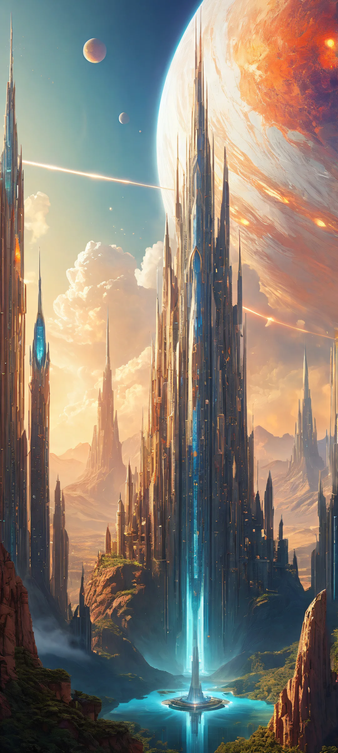 A mesmerizing iPhone and Android wallpaper of a celestial entity against a futuristic cityscape or distant planet's atmosphere, perfectly optimized for iOS and Android home screens.