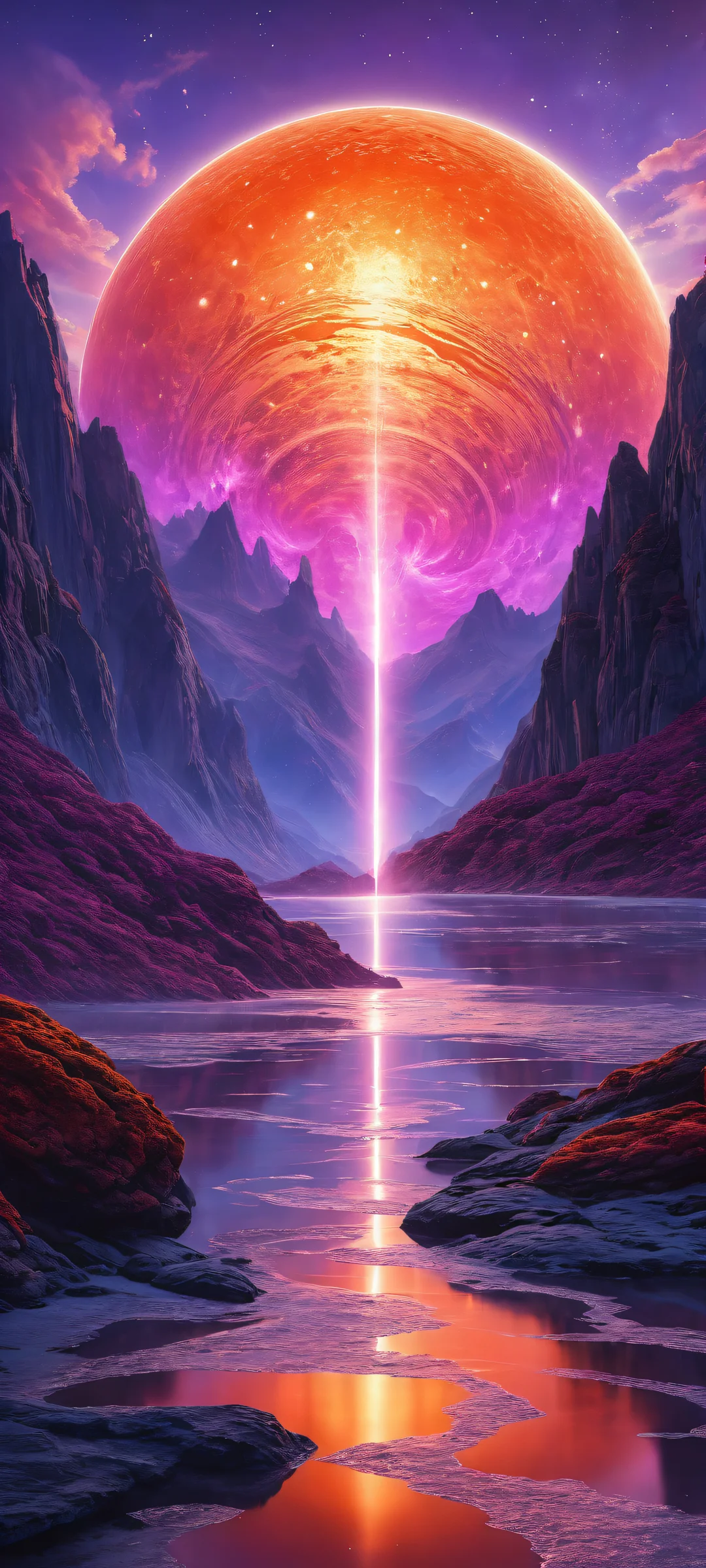 A majestic glowing orb on a vast void with swirling vortex and ethereal lighting, perfekt für iPhone/Android-Startbildschirme.