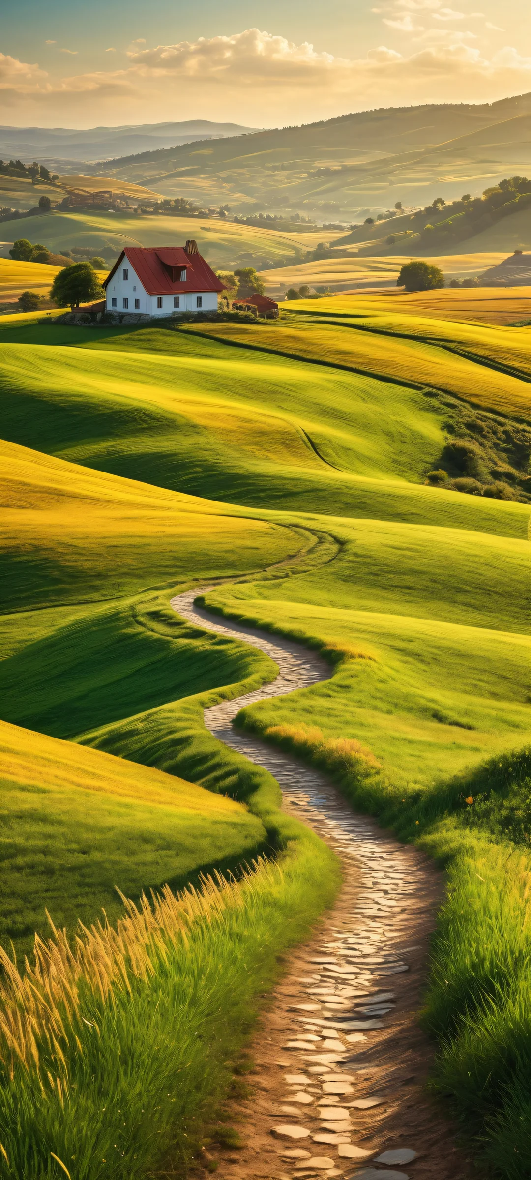 iPhone and Android user with beautiful countryside landscape, winding path, golden fields, rustic charm, ethereal lighting, brilliant colors, ray traced reflections.