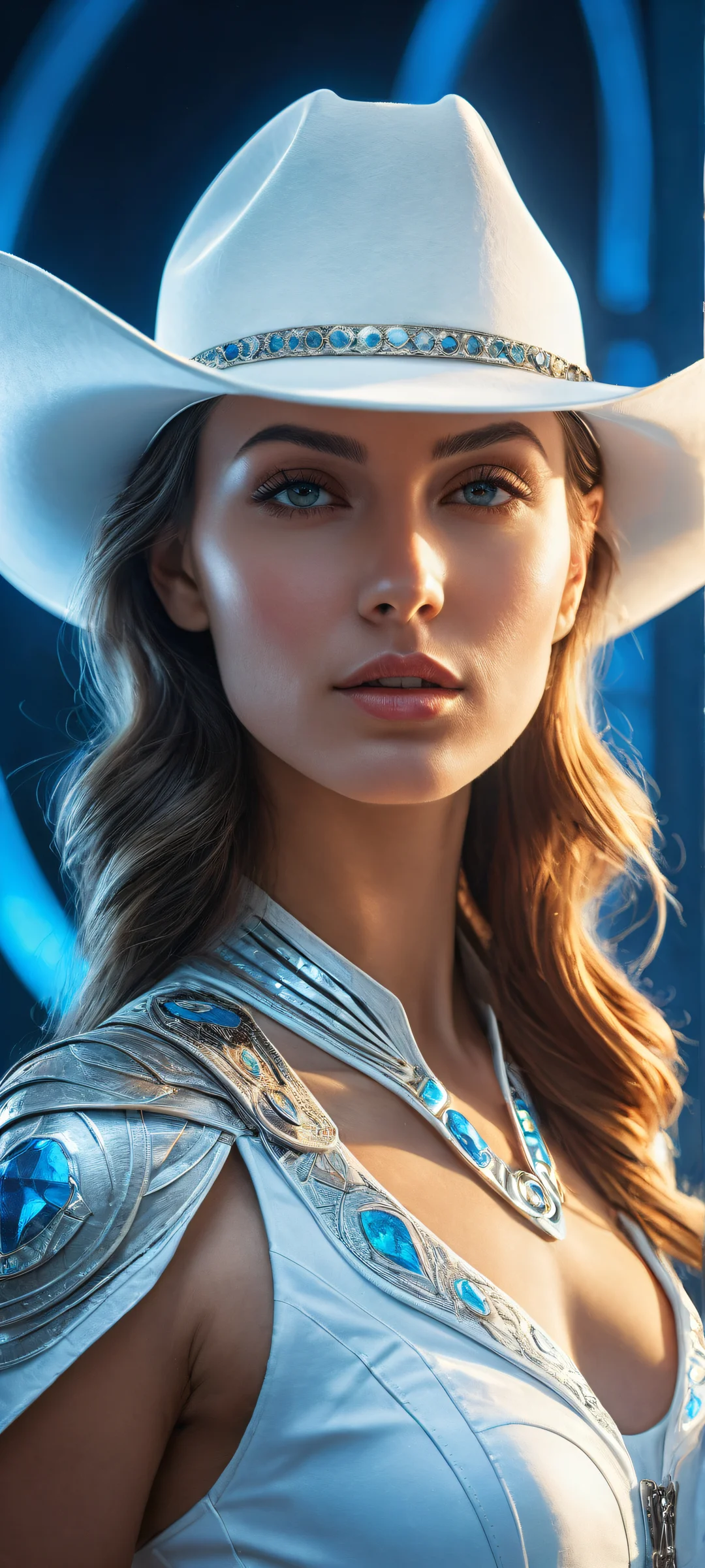 A futuristic cowgirl stands tall on a pure void background, perfectly lit by soft sunlight, ideal for iPhone and Android screens.