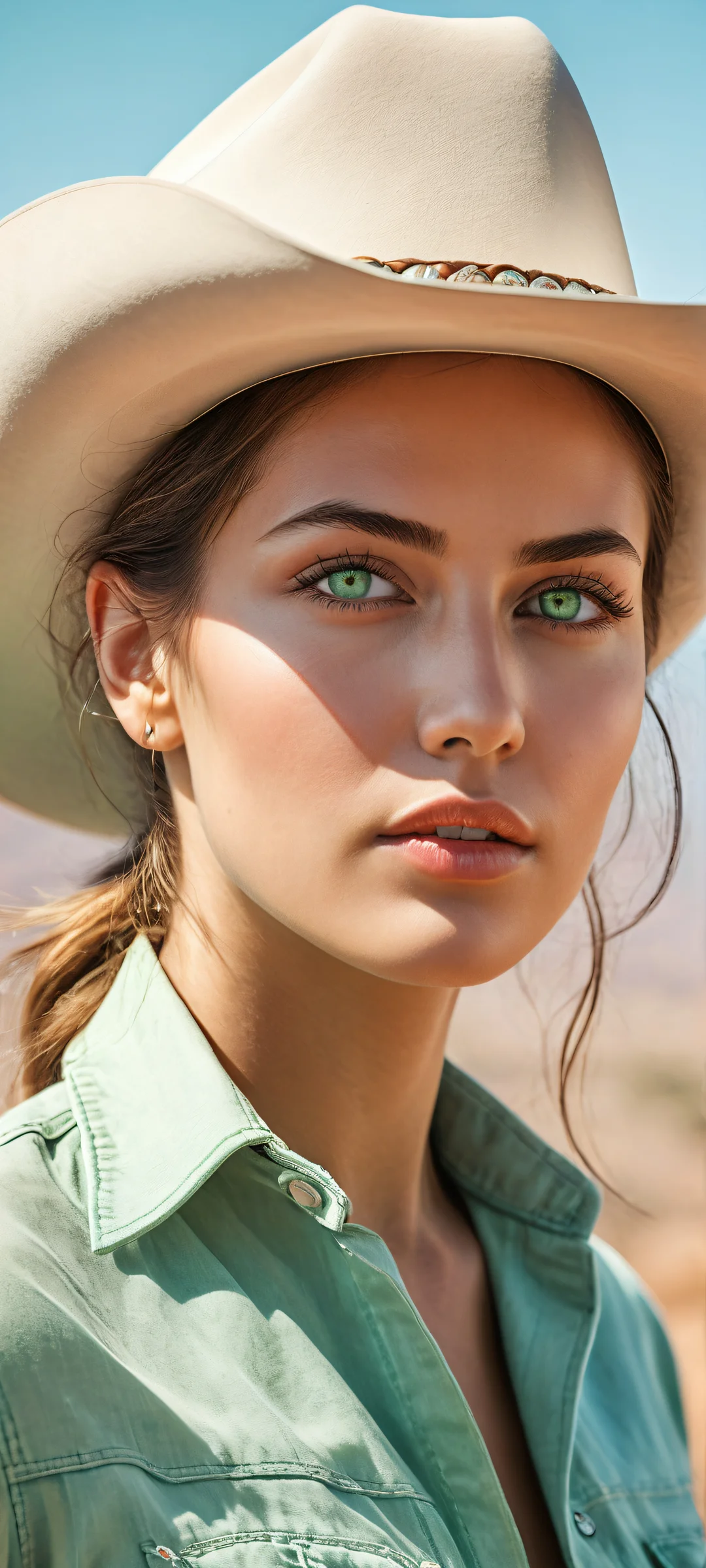 Lone cowgirl portrait on a serene landscape or cityscape background, perfekt optimiert für iPhone- und Android-Startbildschirme.