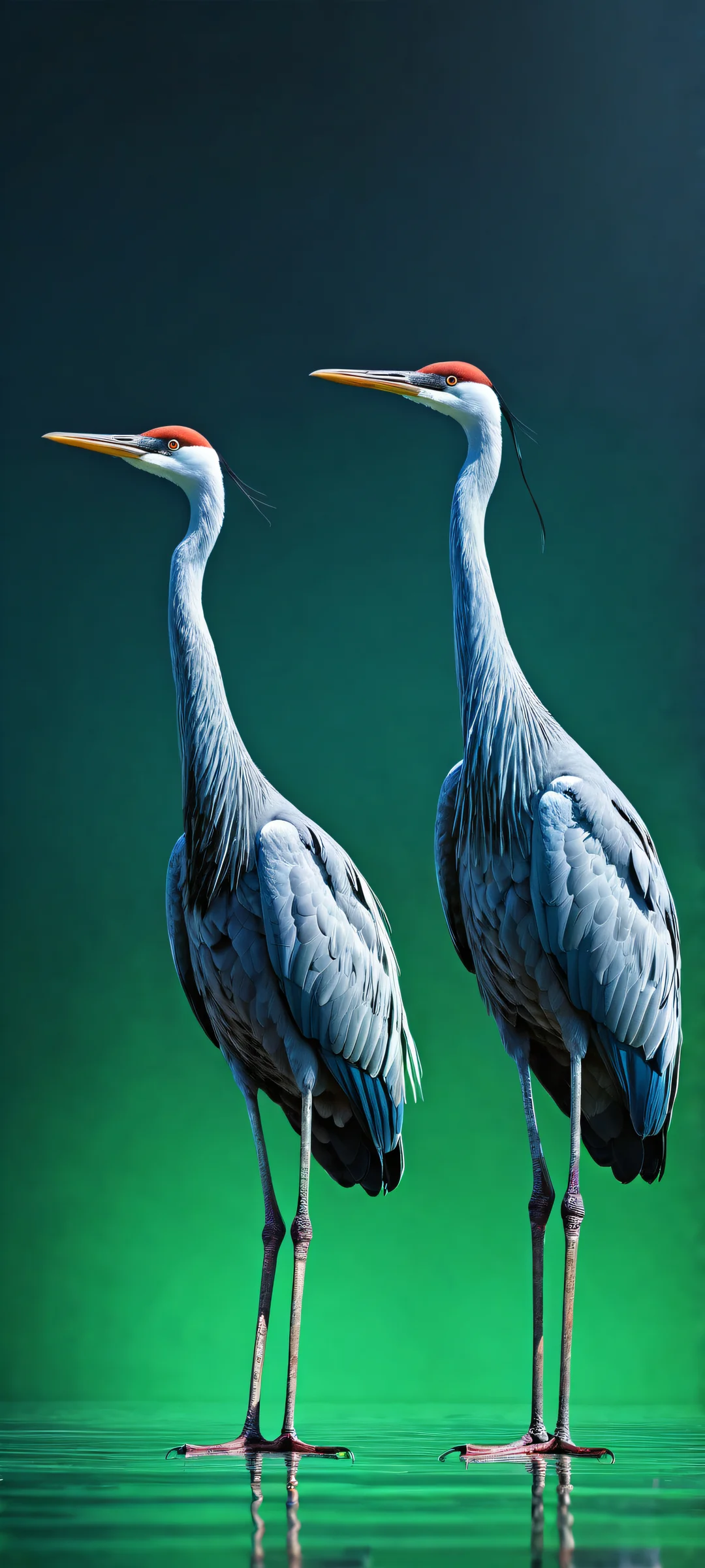 A stunning portrait of cranes on a pure void background, perfectly optimized for iPhone/Android home screens.