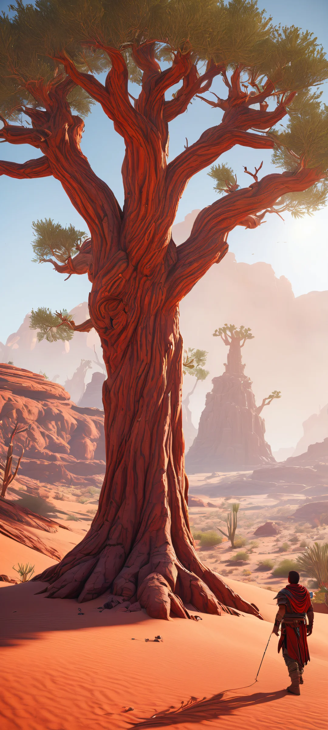 A lone Kliff character stands amidst intricate tree details against a breathtaking desert landscape with iPhone/Android perfect clarity and stunning visual impact.