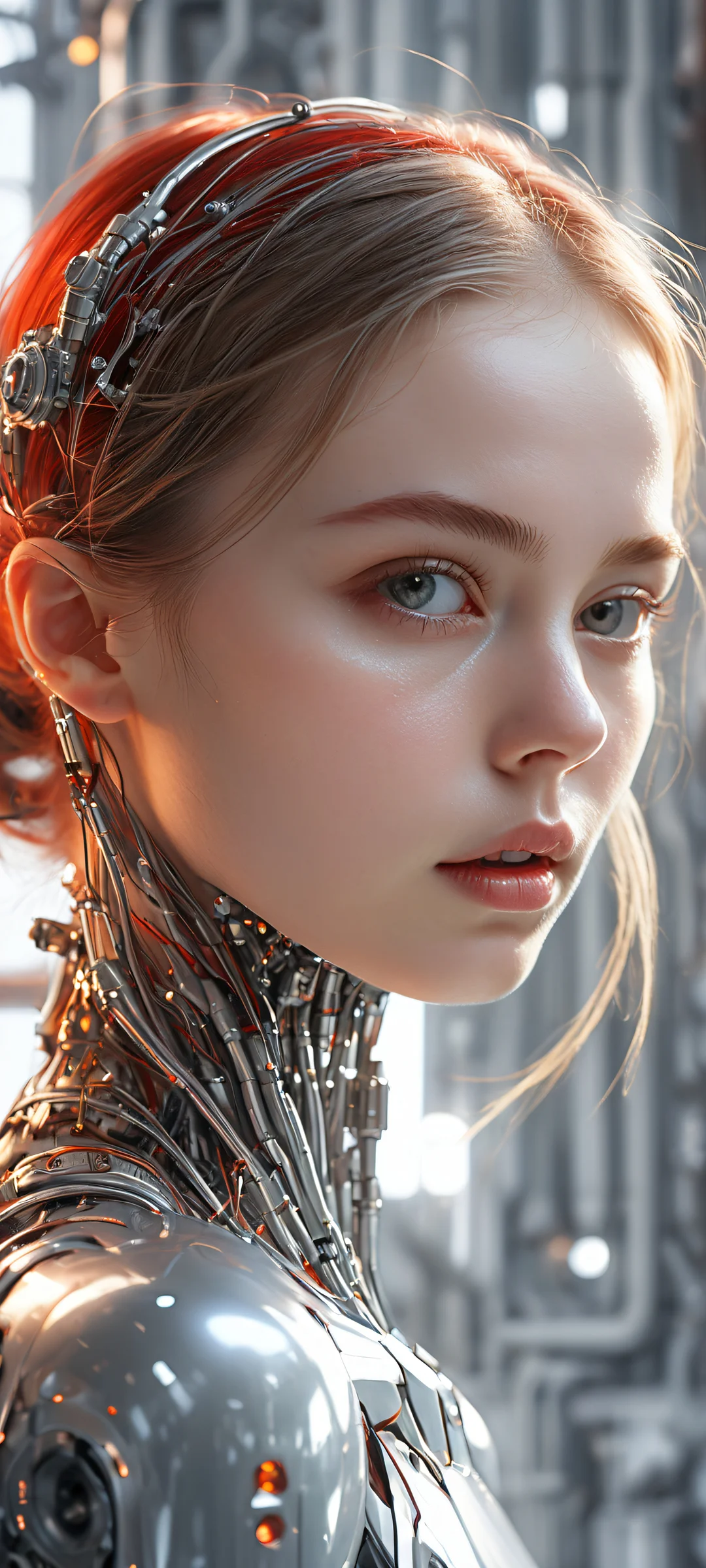 A serene girl amidst robotic limbs on a pure void background, perfectly optimized for iPhone/Android home screens.