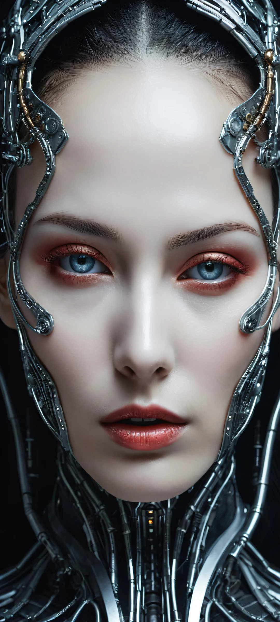 A stunning vertical portrait of an industrial cyborg with intricate details on iPhone/Android home screens.