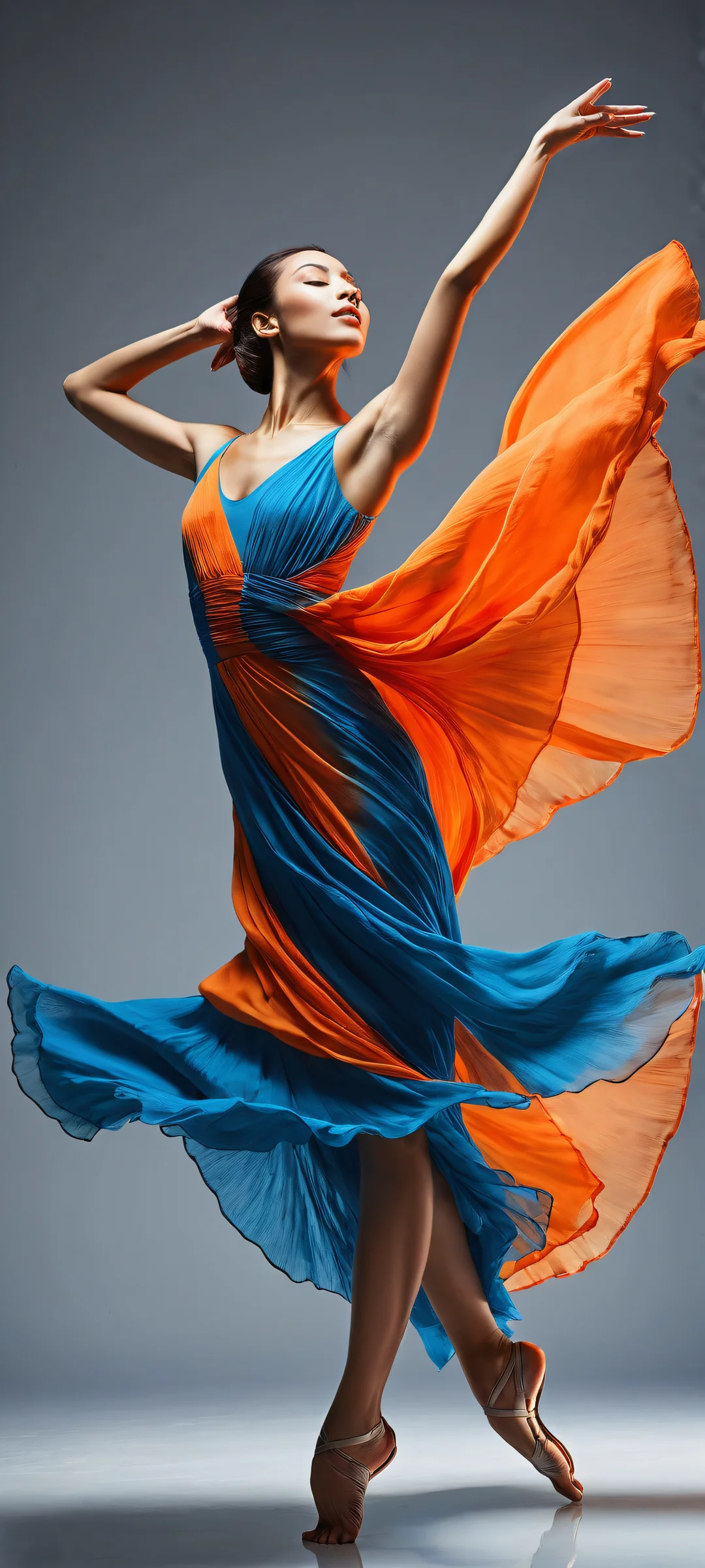 A beautiful dancer in motion, on a dark grey background with blue paint streaks, iPhone/Android wallpaper perfect for home screen.