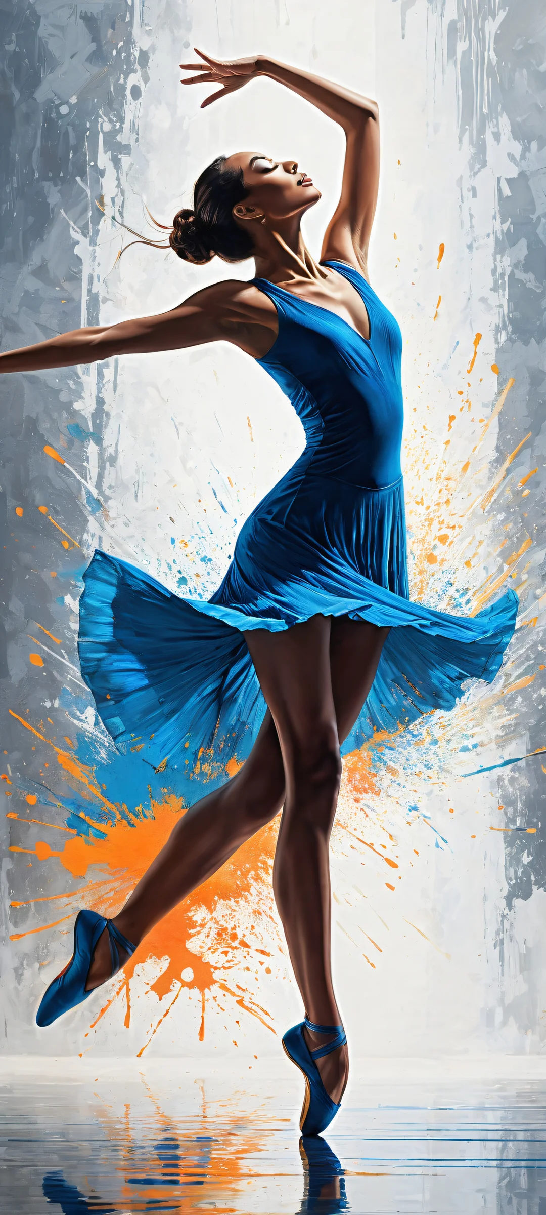 A stunning vertical portrait of a dancer against an abstract blue-grey background with vibrant paint splatters, perfectly optimized for iPhone and Android home screens.