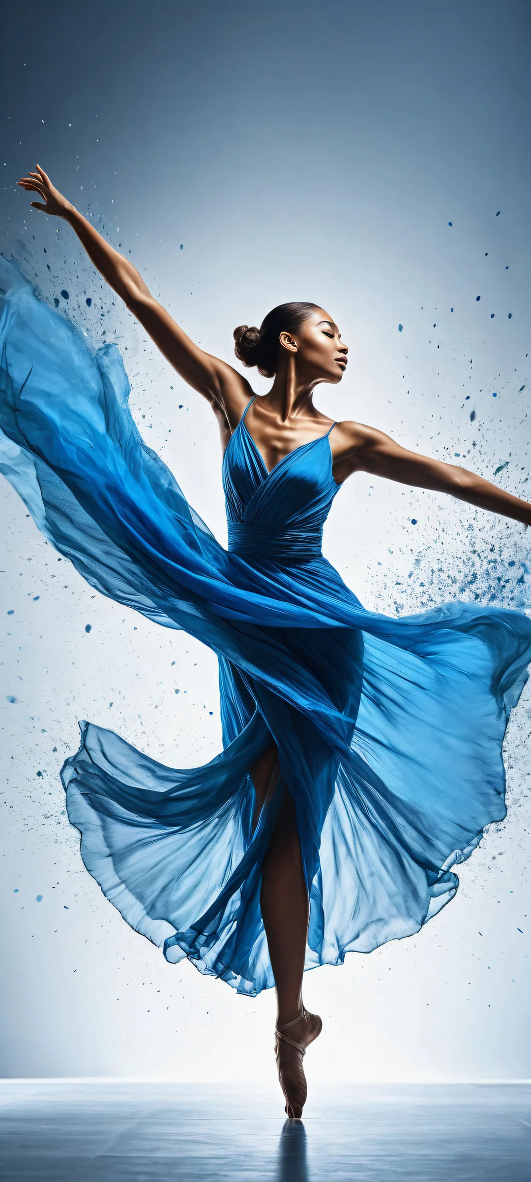 A dynamic mobile wallpaper featuring a dancer in motion on an iPhone/Android home screen, with vibrant colors and contrasting negative space.