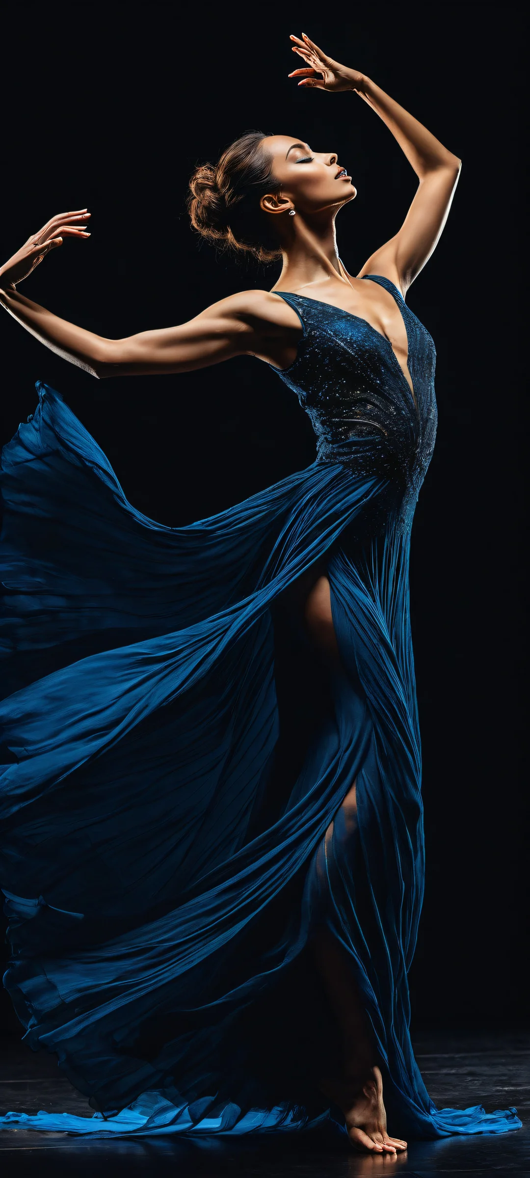 A stunning vertical portrait of a dancer set against a dark grey background with blue paint streaks, parfaitement optimisé pour les écrans d'accueil iPhone et Android.