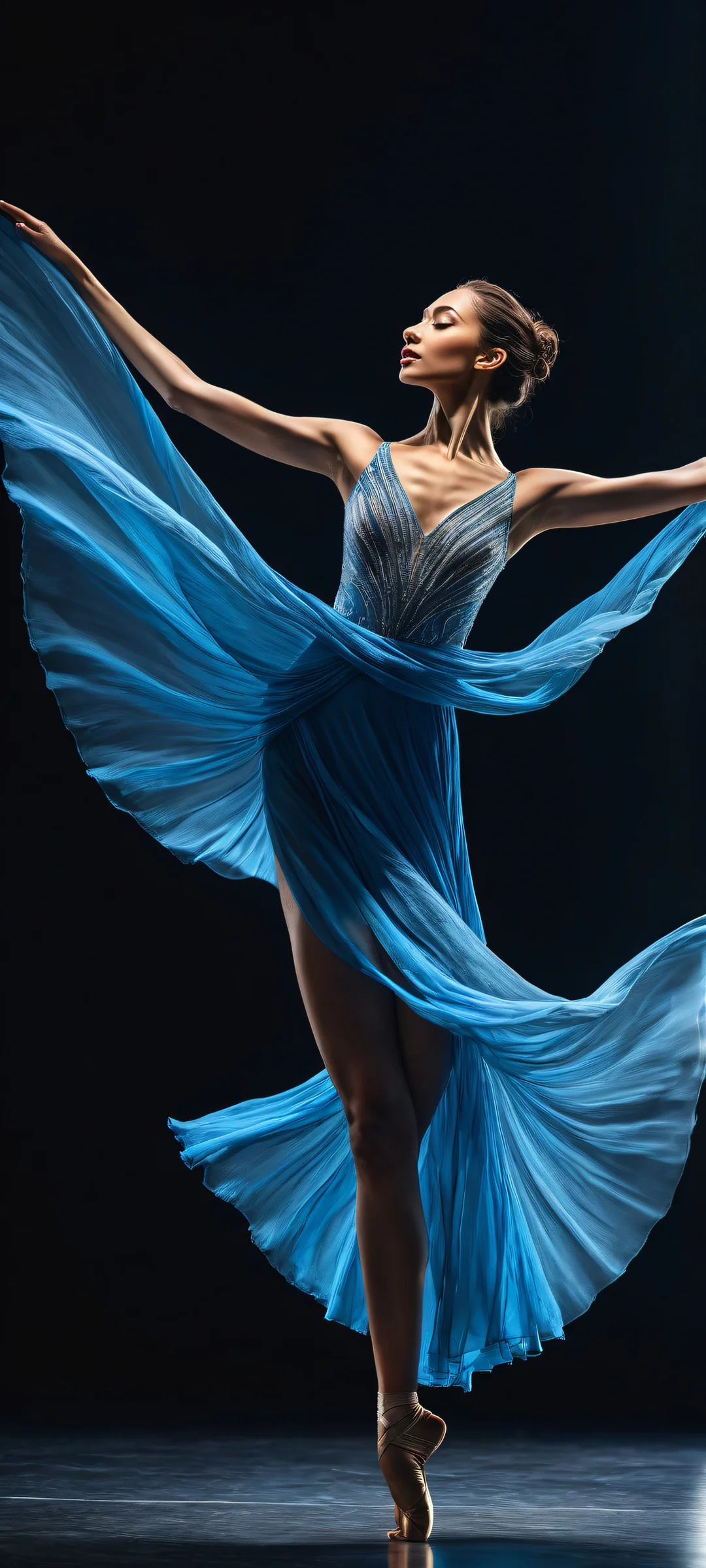 A beautiful dancer in a vast void with blue streaks and orange accents, perfectly optimized for iPhone/Android home screens.