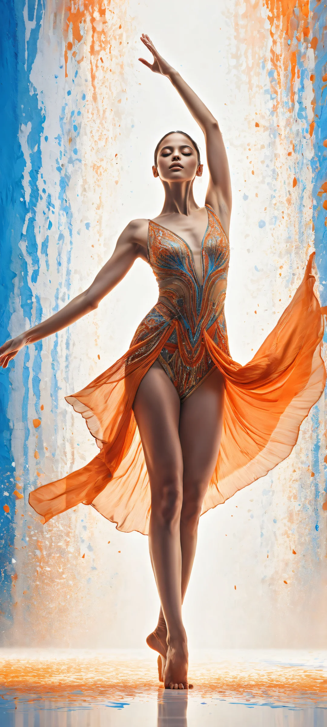 A beautiful dancer against a vibrant blue and orange abstract background, perfect for iPhone or Android home screens.