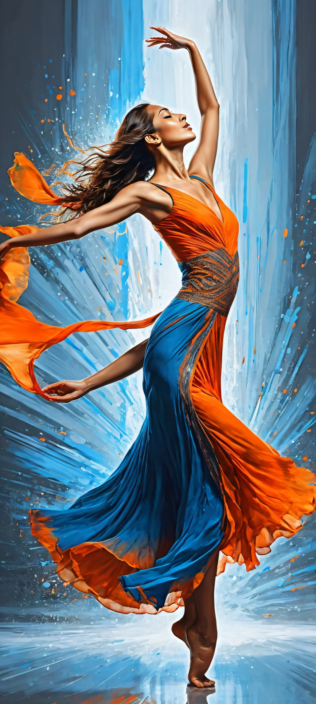 A stunning portrait of a dancer in motion on an iPhone/Android device, with abstract blue and orange background, perfect for home screens.