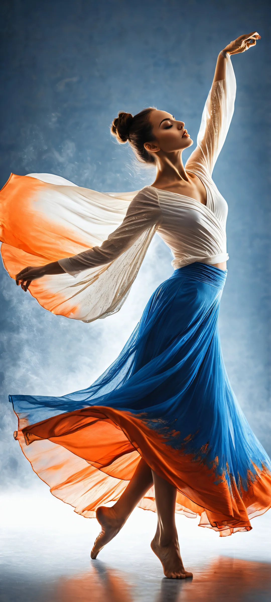 A beautiful dancer in motion against a vibrant background featuring dark grey and orange paint splatters, perfectly optimized for iPhone/Android home screens.