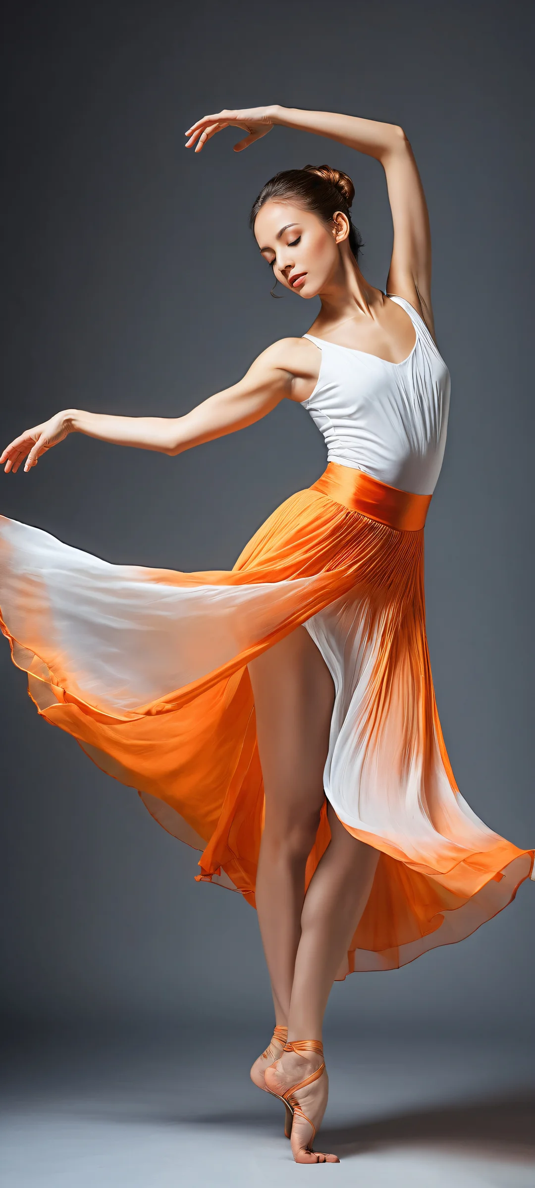 A stunning iPhone/Android wallpaper of a dancer suspended in mid-air, her flowing orange skirt and white blouse radiating a sense of movement and energy. Perfect for your home screen.