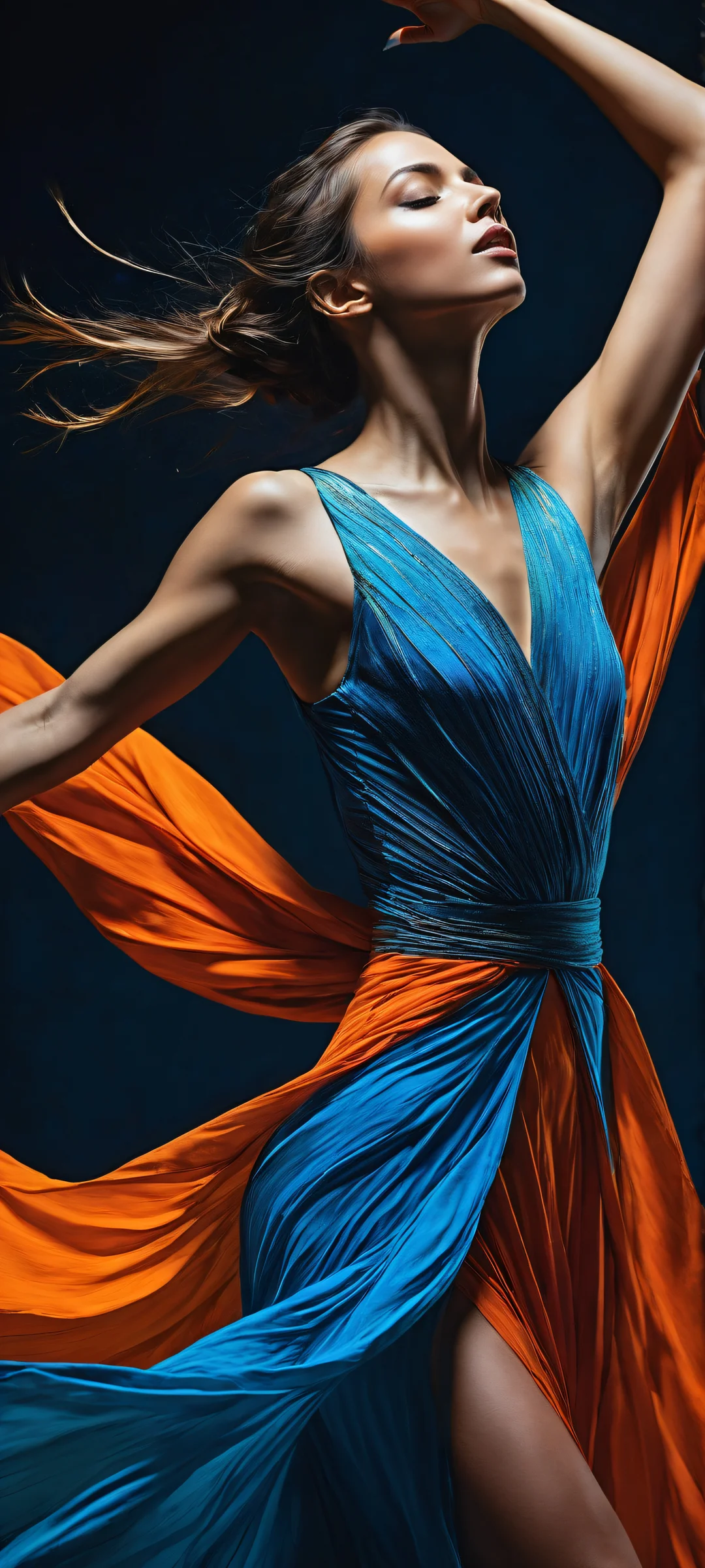 Award-winning digital art of an ethereal dancer on a dark grey background with blue paint streaks, perfectly optimized for iPhone and Android home screens.
