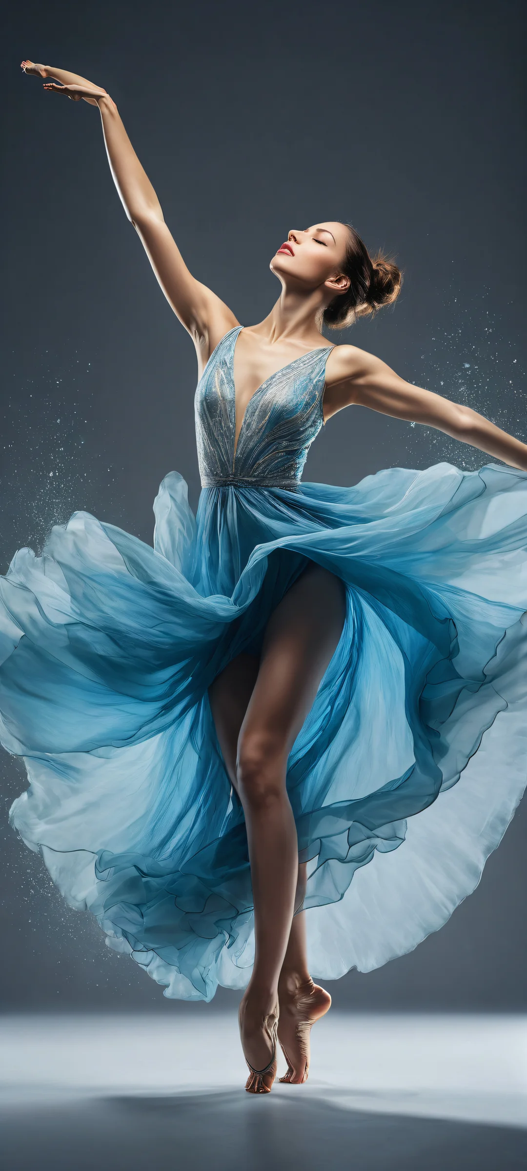 iPhone and Android wallpaper featuring a stunning mid-twenties woman in motion, with intricate micro-details and ethereal lighting.