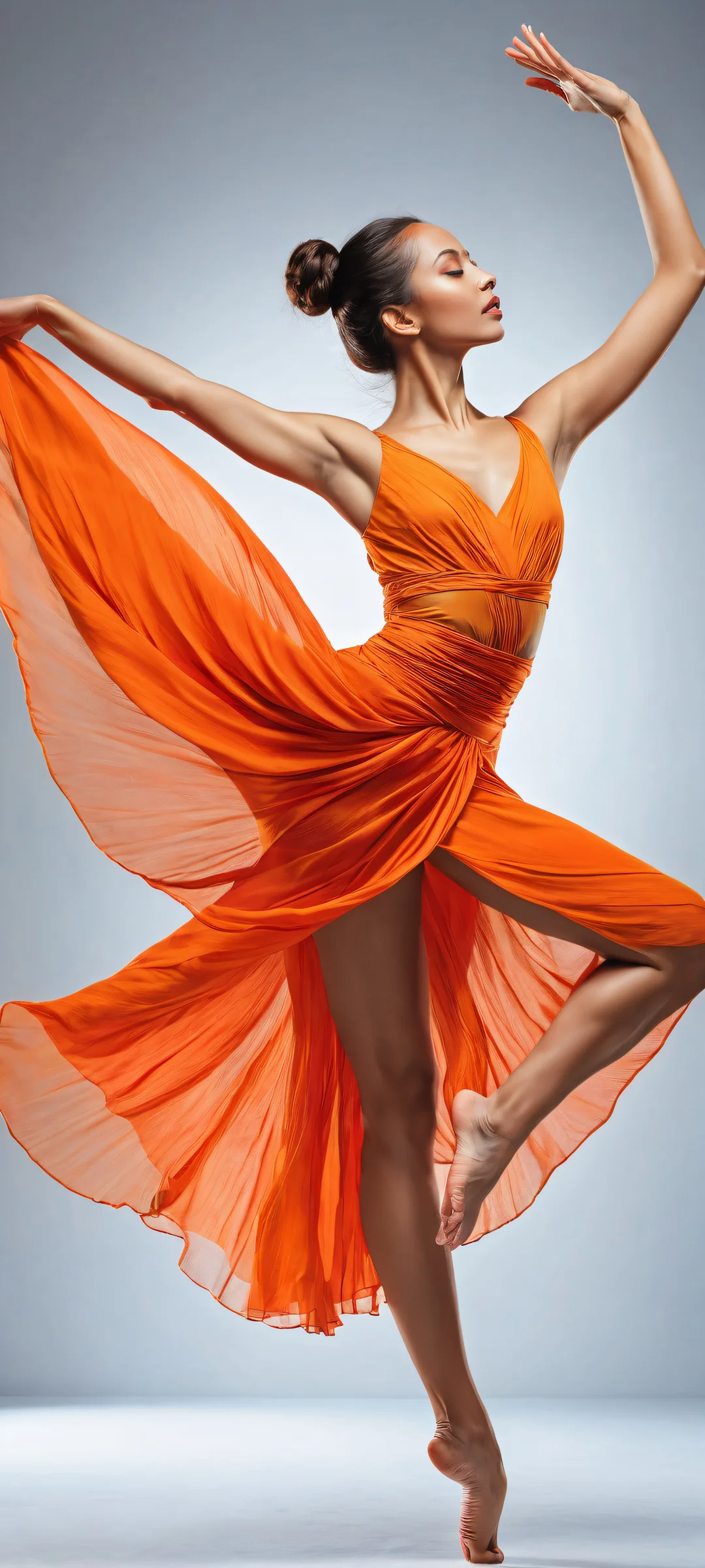 A beautiful dancer in motion against a bright blue and grey background, parfaitement optimisé pour les écrans d'accueil iPhone/Android.