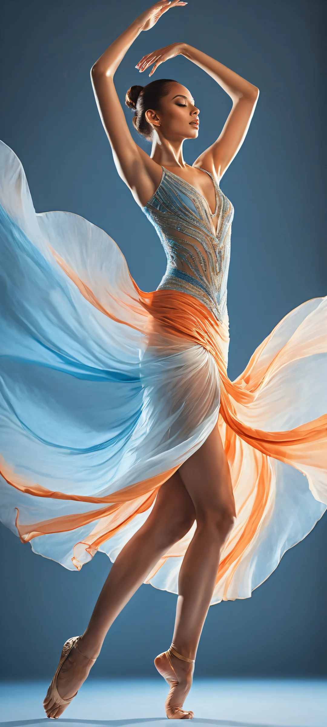 Stunning vertical artwork of a dancer in motion on iPhone and Android devices, with intricate details against a dark grey background.