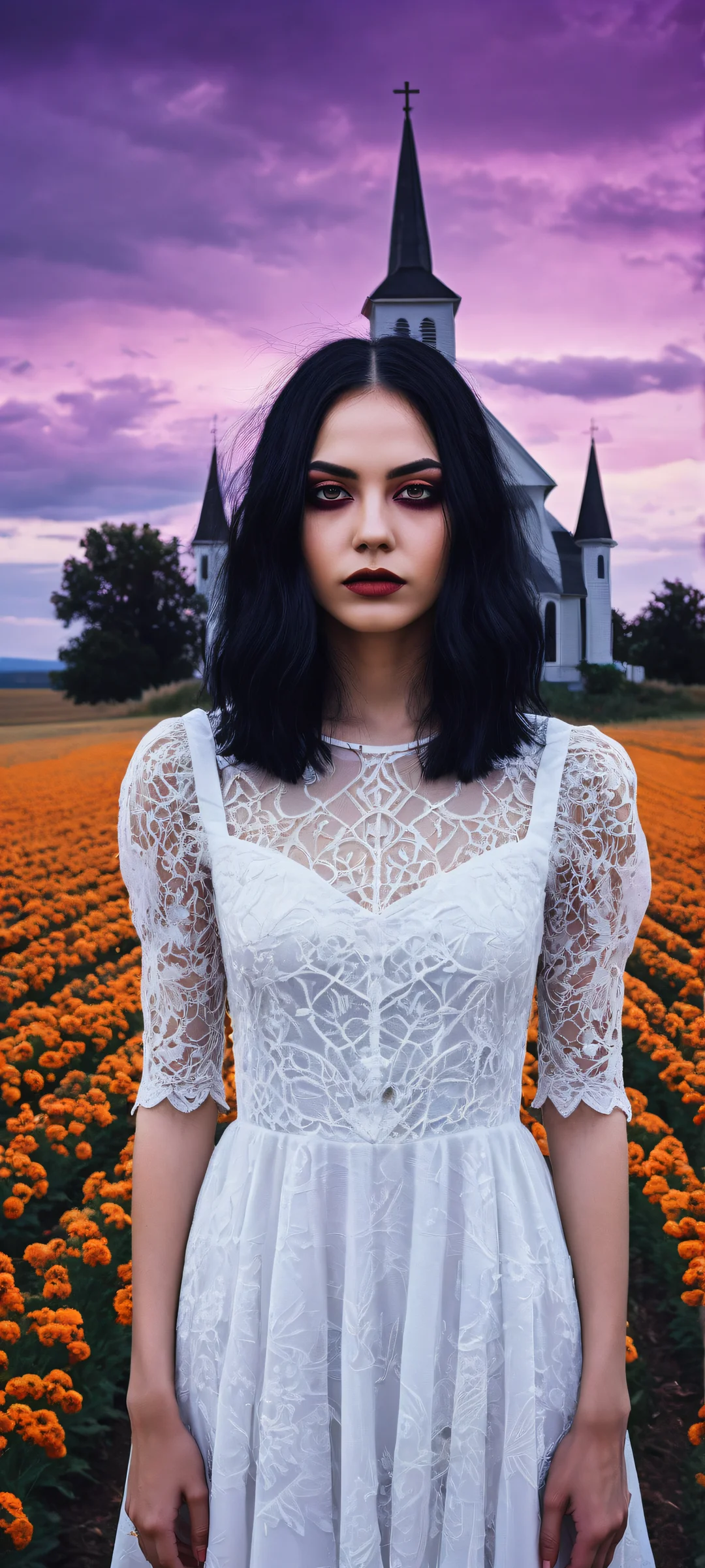 Ethereal Darkness 2K Phone Wallpaper Abstract portrait of a goth woman with long black hair on iPhone/Android. Surreal landscape features glitched scarecrow, purple haze, and old church.