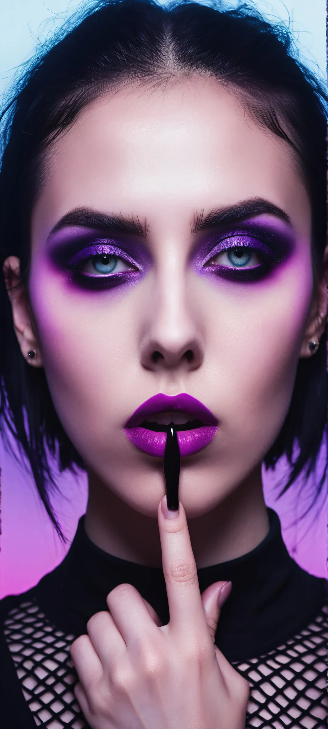 A stunning abstract portrait of a goth woman with glitched eyes and a black fishnet shirt, against a purple haze backdrop. Perfectly optimized for iPhone and Android home screens.