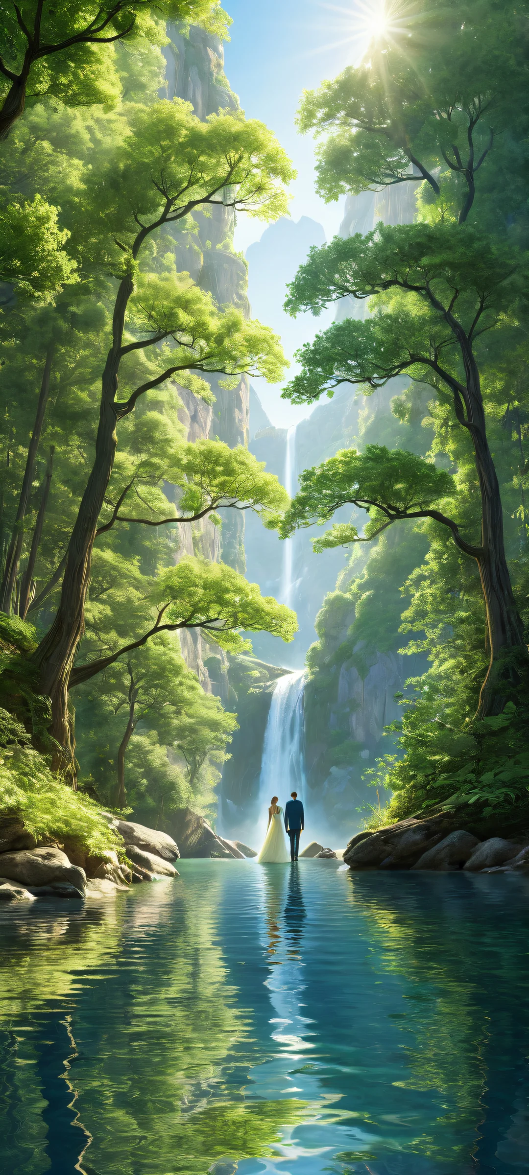 Couple portrait with trees and nature on a pure void background, perfectly optimized for iPhone/Android home screens.