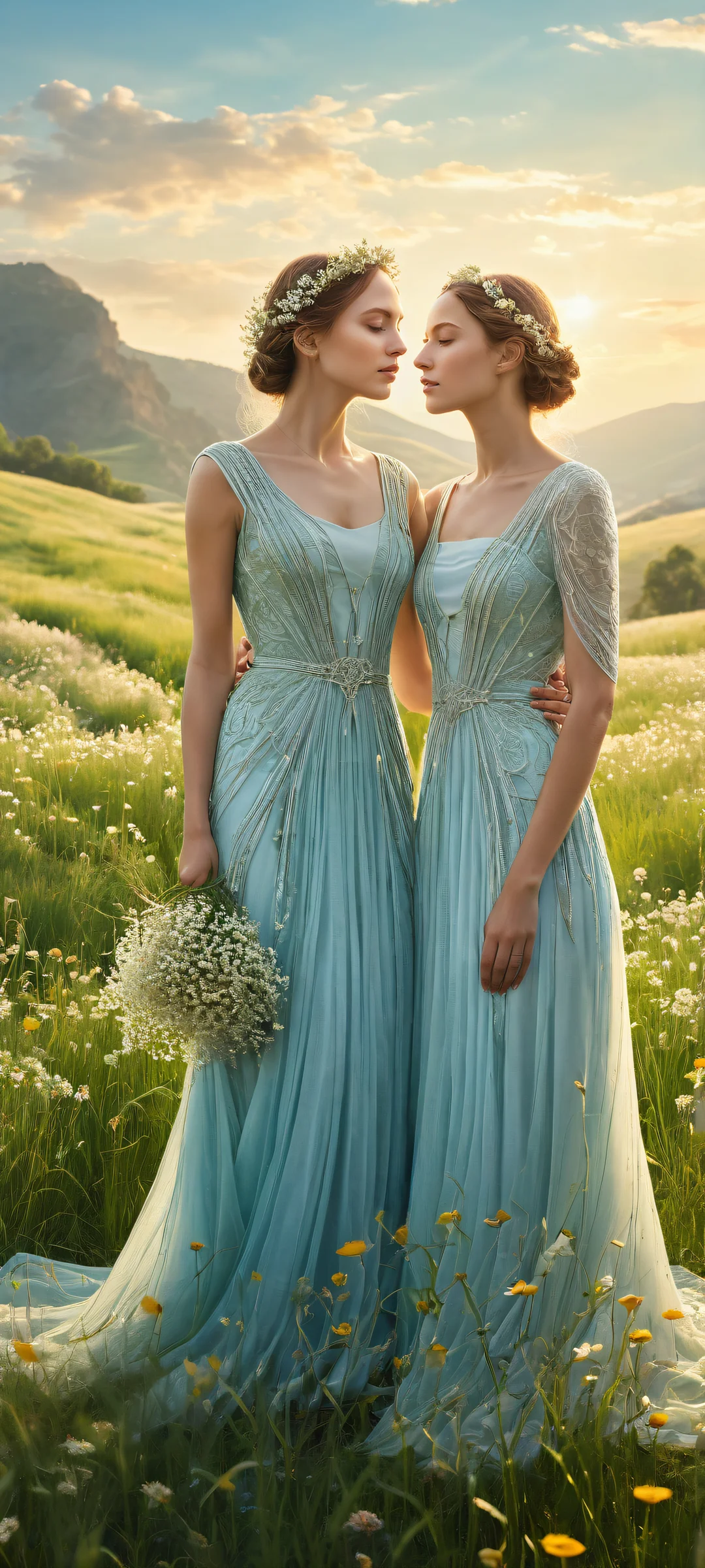 Two women in a serene grassy field with intricate details on iPhone/Android