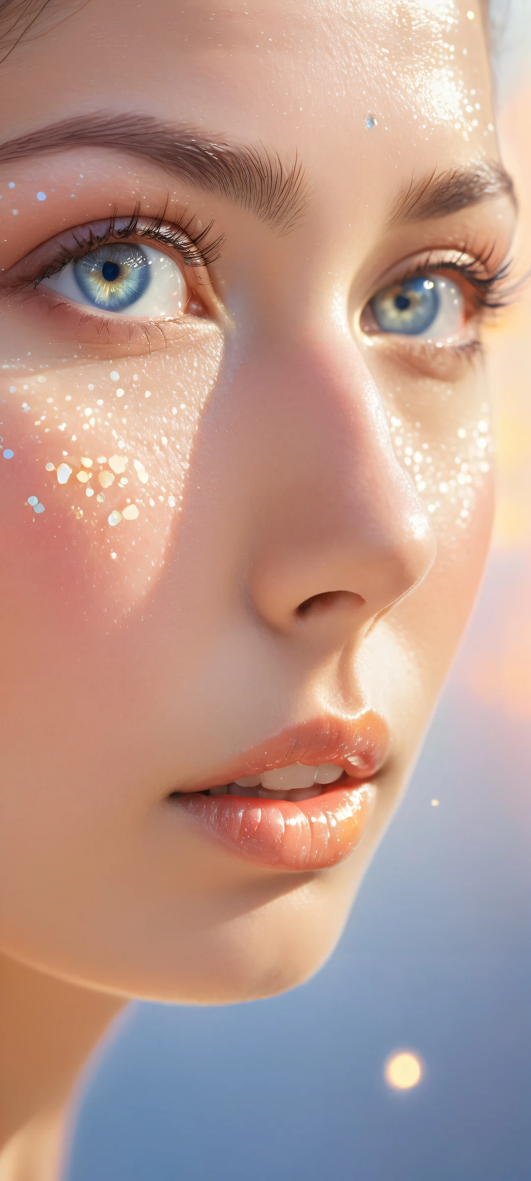 Ethereal Dawn iPhone & Samsung QHD Wallpaper A breathtaking portrait of a beautiful face on iPhone/Android, featuring intricate micro-details and ethereal lighting with brilliant colors.