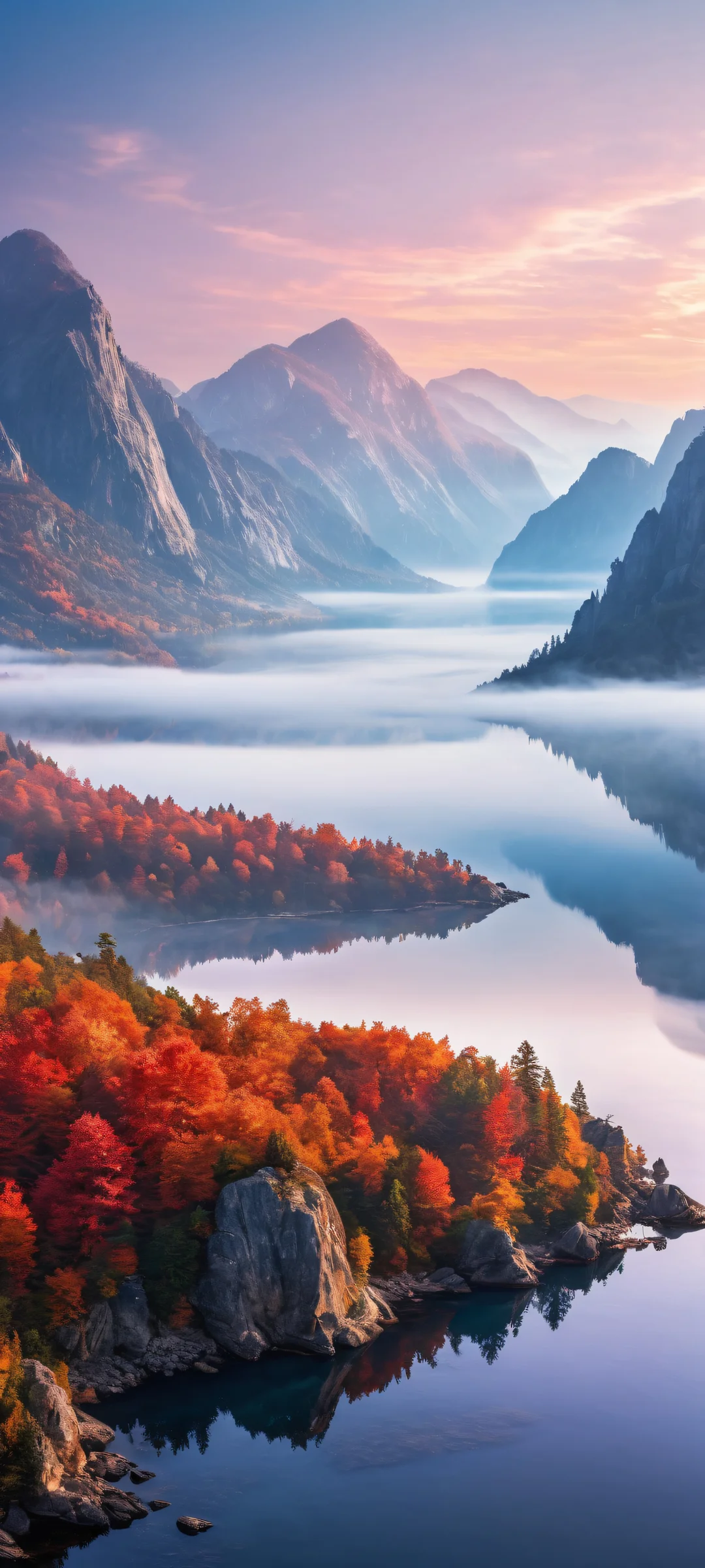 iPhone/Android wallpaper featuring a breathtaking vertical portrait of unreal shapes emerging from misty morning fog, 複雑な微細ディテールと幻想的な照明を備えた.