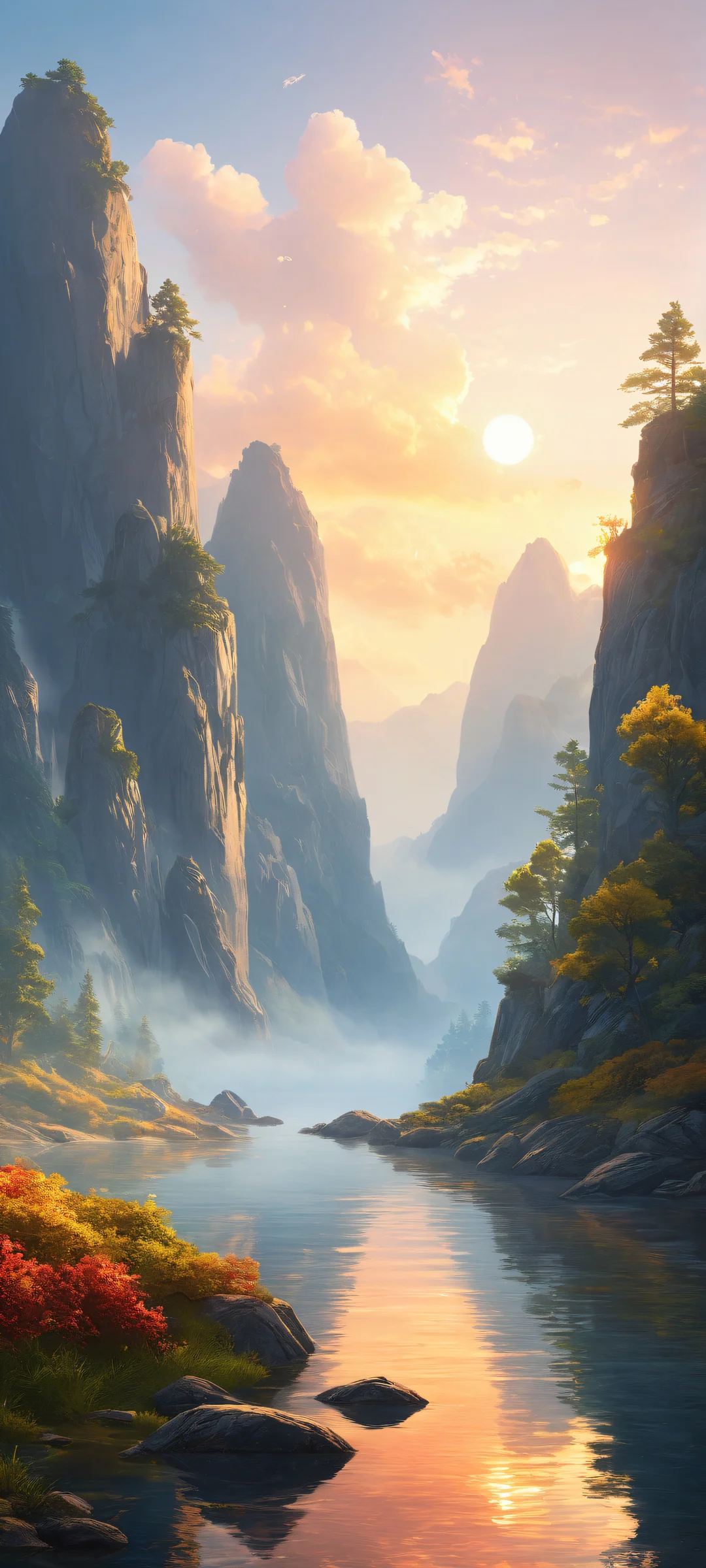 A serene morning landscape with Unreal shapes emerging from the fog, perfect for iPhone/Android home screens.