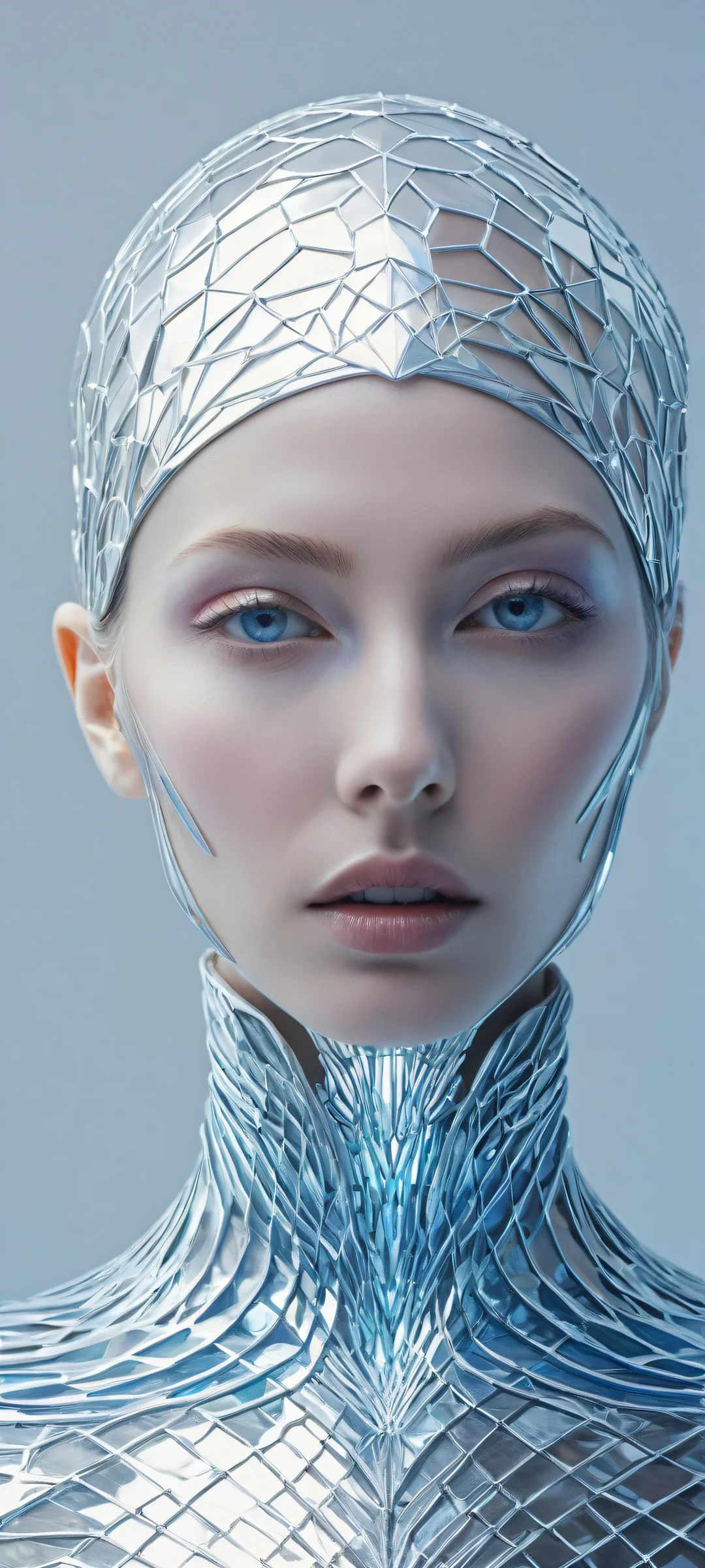 A stunning neofuturistic portrait of a gender-neutral figure on iPhone/Android, showcasing incredible micro-details and ethereal lighting against a pure void background.
