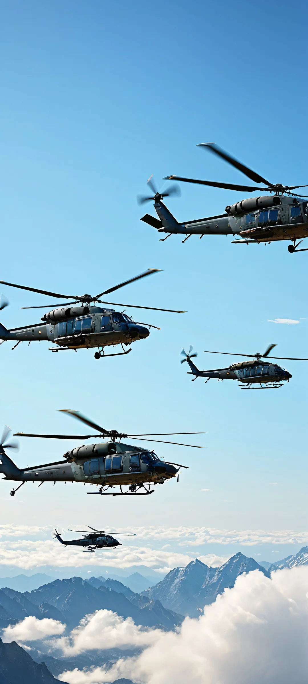 Helicopters flying against a clear blue sky. iPhone/Android wallpaper featuring French Air Force FRG1 helicopters with intricate micro-details and ethereal lighting.