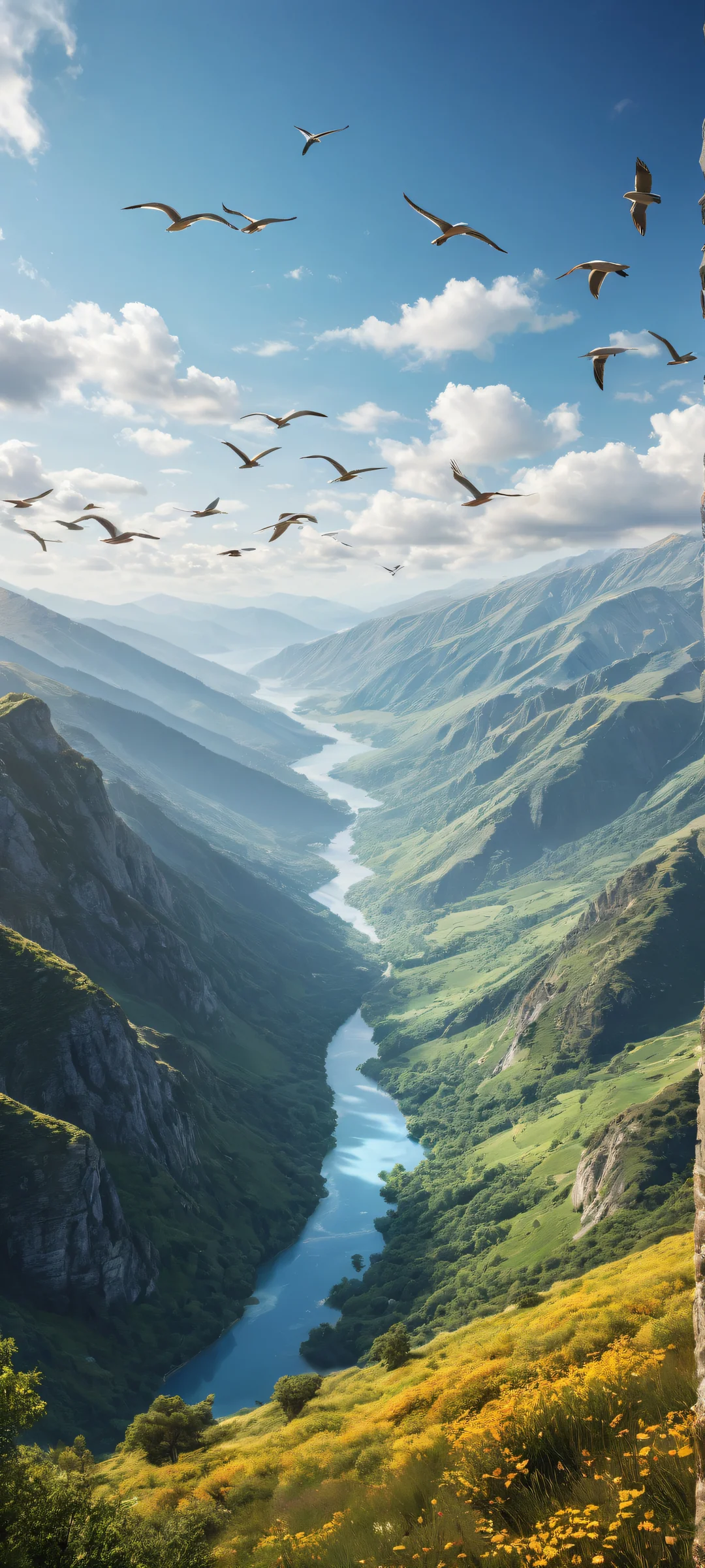 Breathtaking digital art of birds on a windy path amidst clouds and serene skies for iPhone/Android home screens.