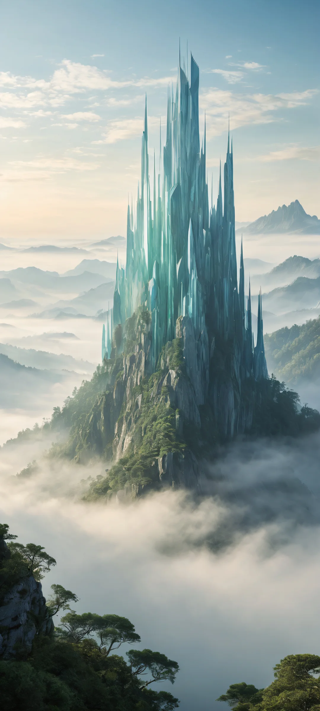 Breathtaking vertical portrait artwork of Unreal Shapes emerging from misty morning fog, perfekt optimiert für iPhone- und Android-Startbildschirme.