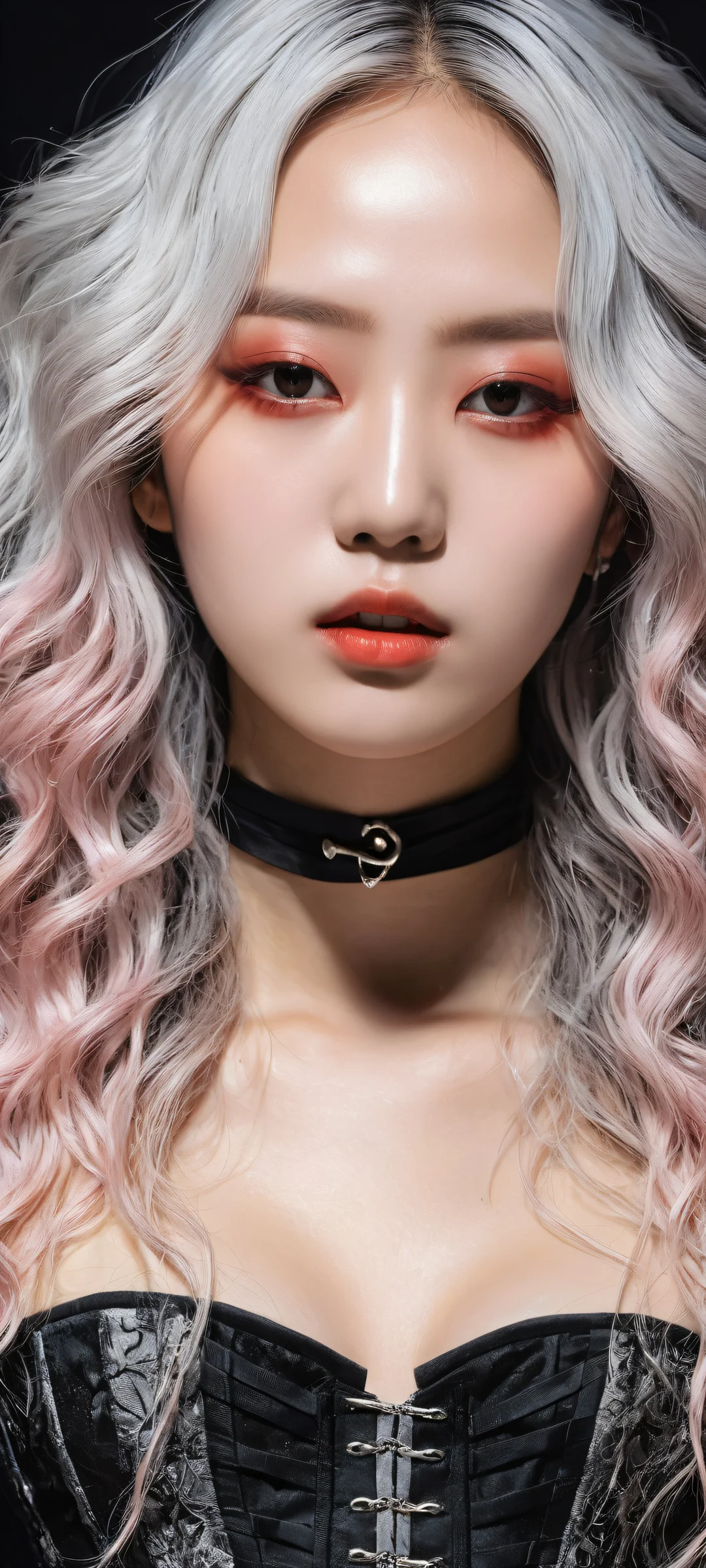 Moody portrait of a K-pop idol with blindfolded eyes, intricate micro-details revealing worn corset bindings beneath curly silver hair. Perfect for iPhone/Android home screens.