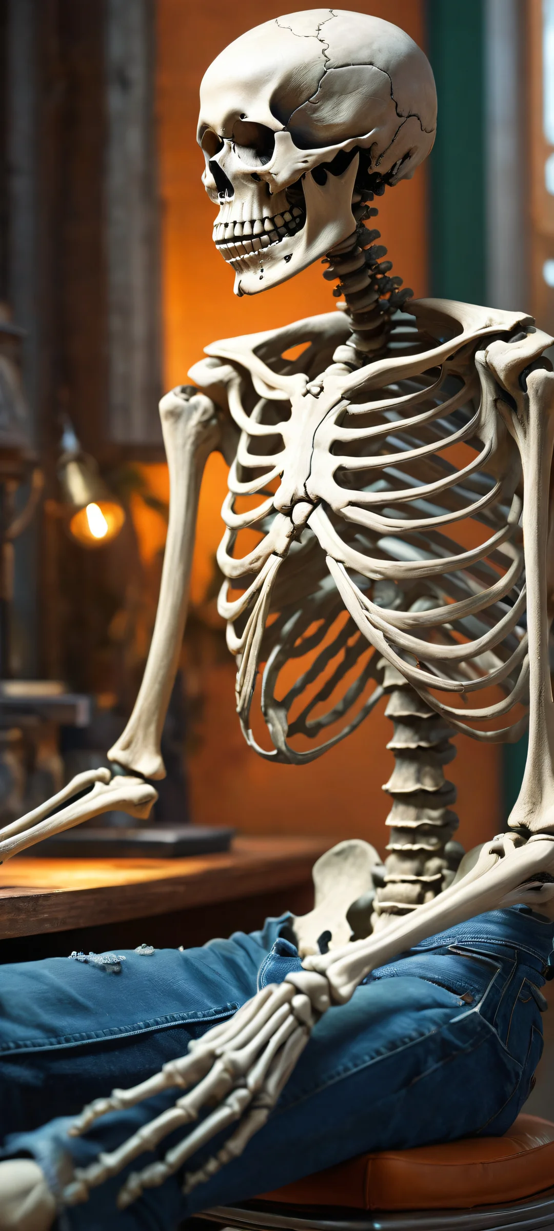 An ancient skeleton in old blue jeans and a black hoodie with 'CIVITAI' on the front, slumped back in a chair at a desk in front of an iPhone/Android displaying the 'No results found' screen.