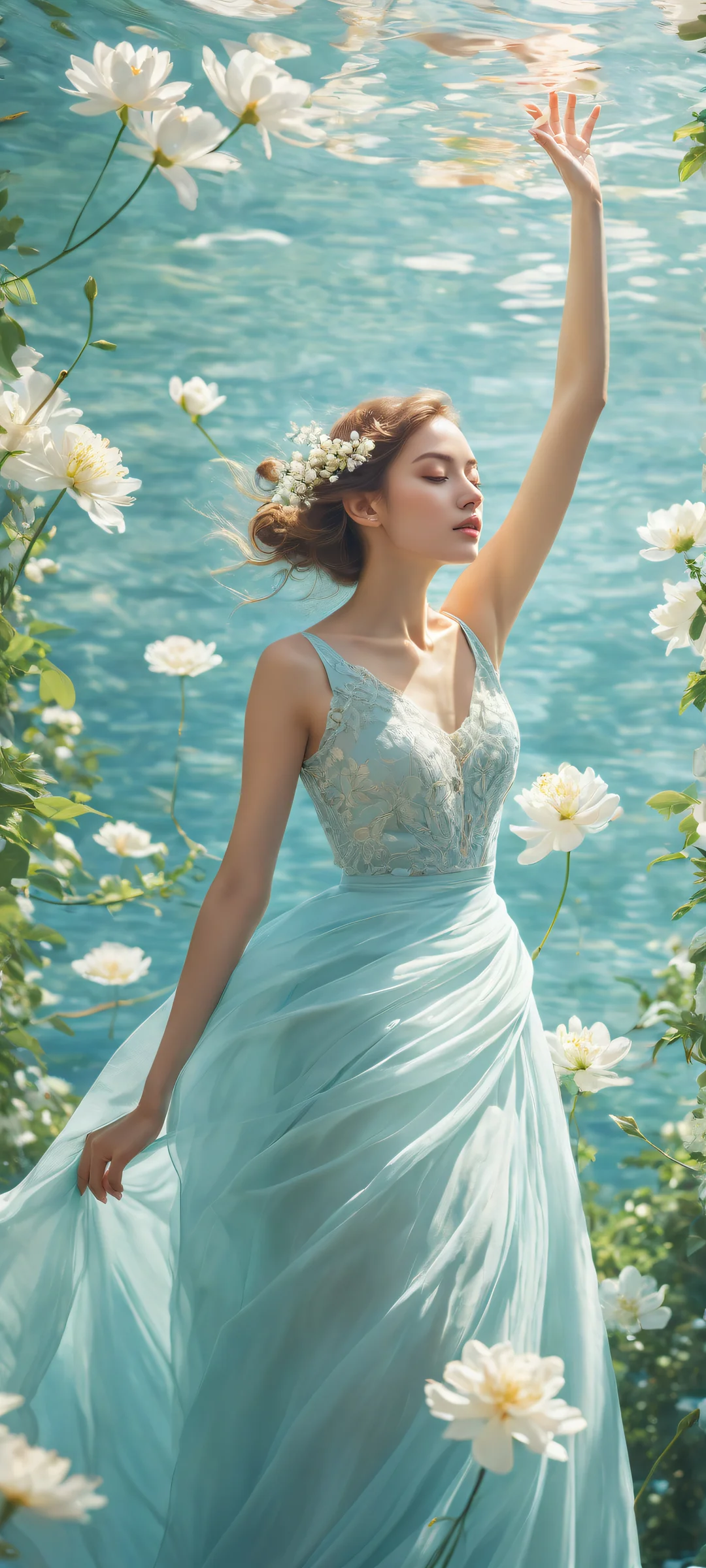 Delicate petals suspended in air above a peaceful waterscape on iPhone and Android devices.