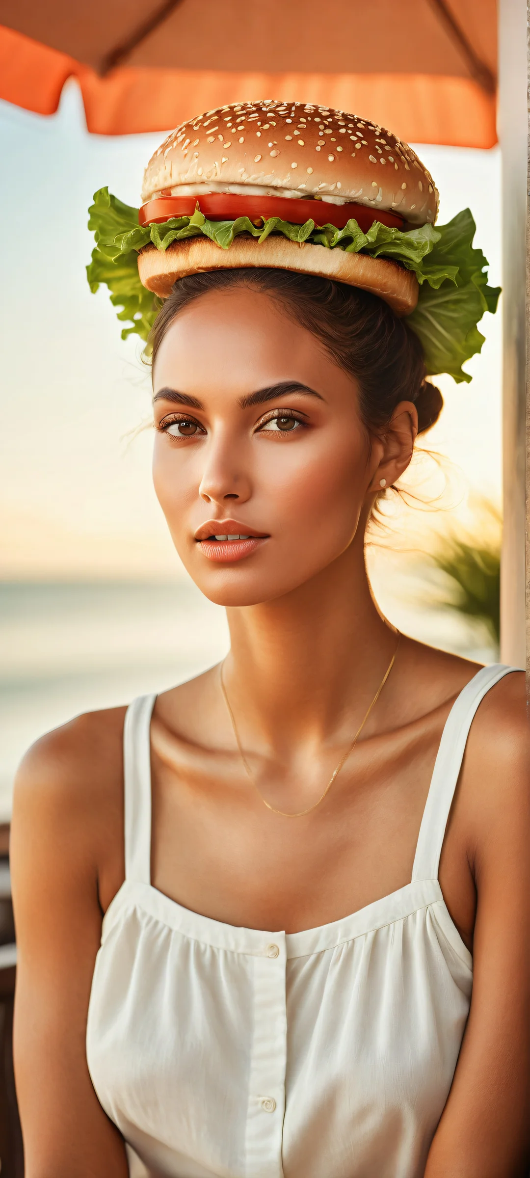 A stunning hamburger woman artwork for iPhone/Android featuring intricate details and ethereal lighting.