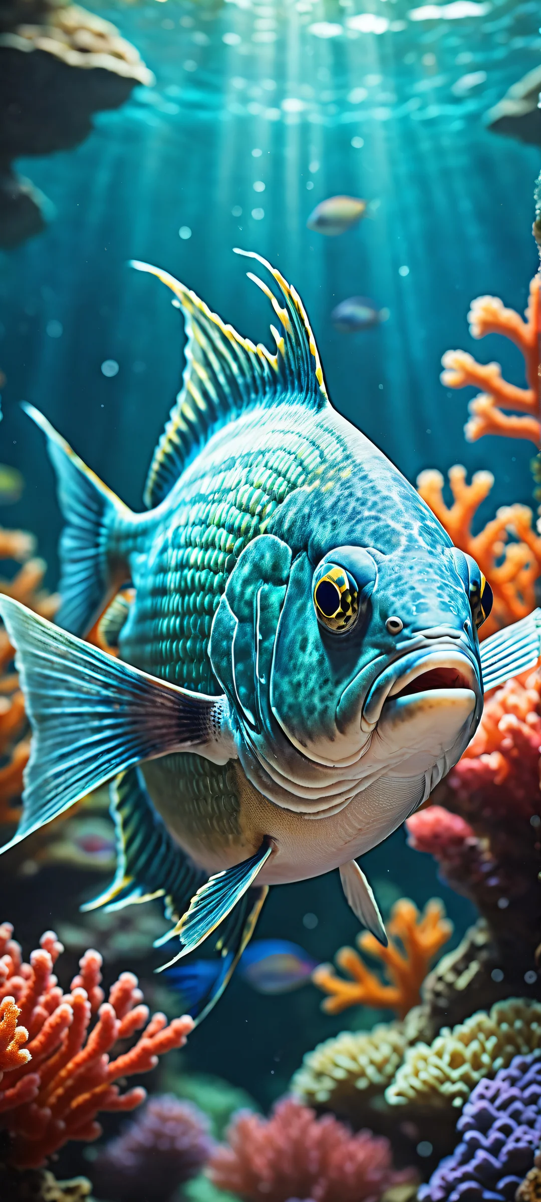 A breathtaking portrait of intricately detailed fish swimming in an underwater environment with coral reefs, perfect for iPhone and Android home screens.