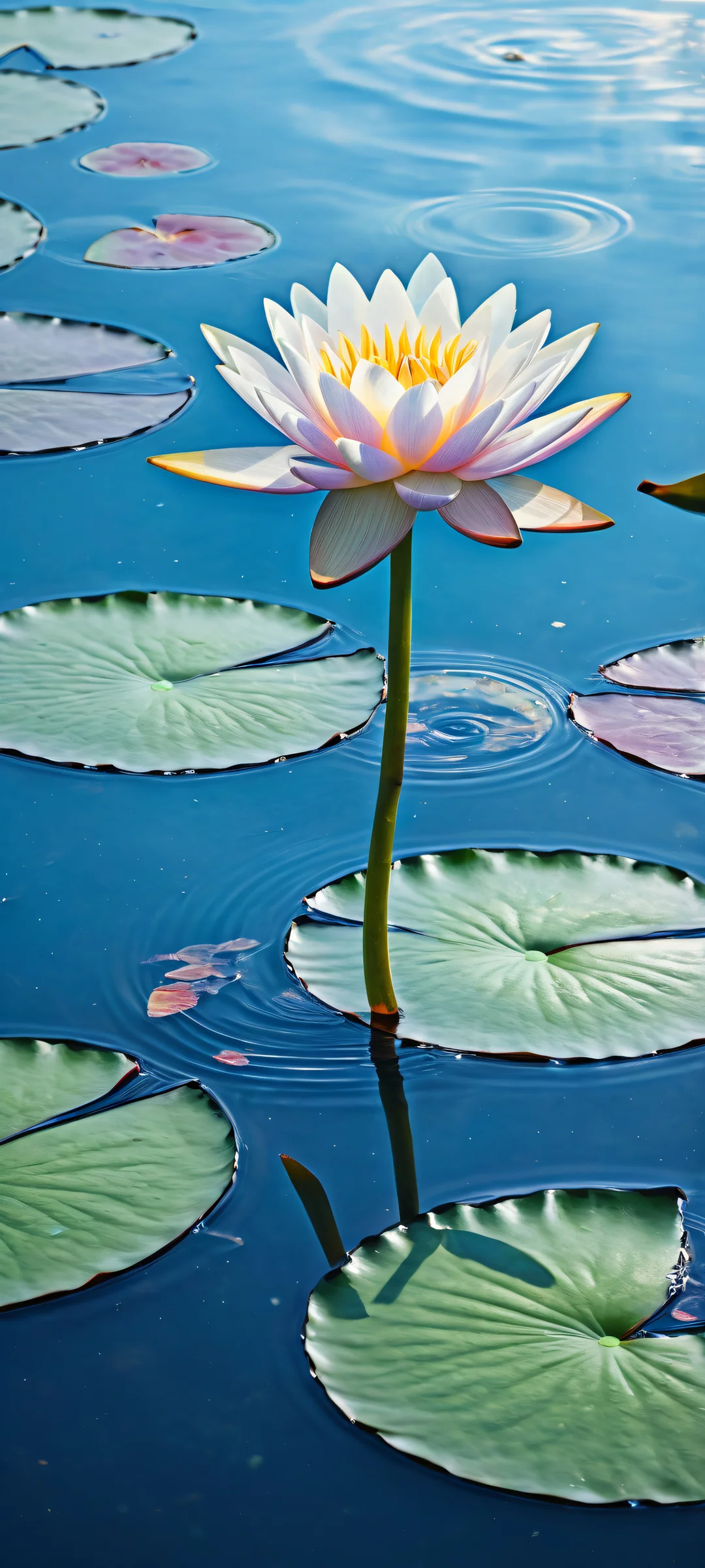 A majestic fish and nenuphar amidst starlight reflections on a serene underwater scene, perfect for iPhone/Android home screens.