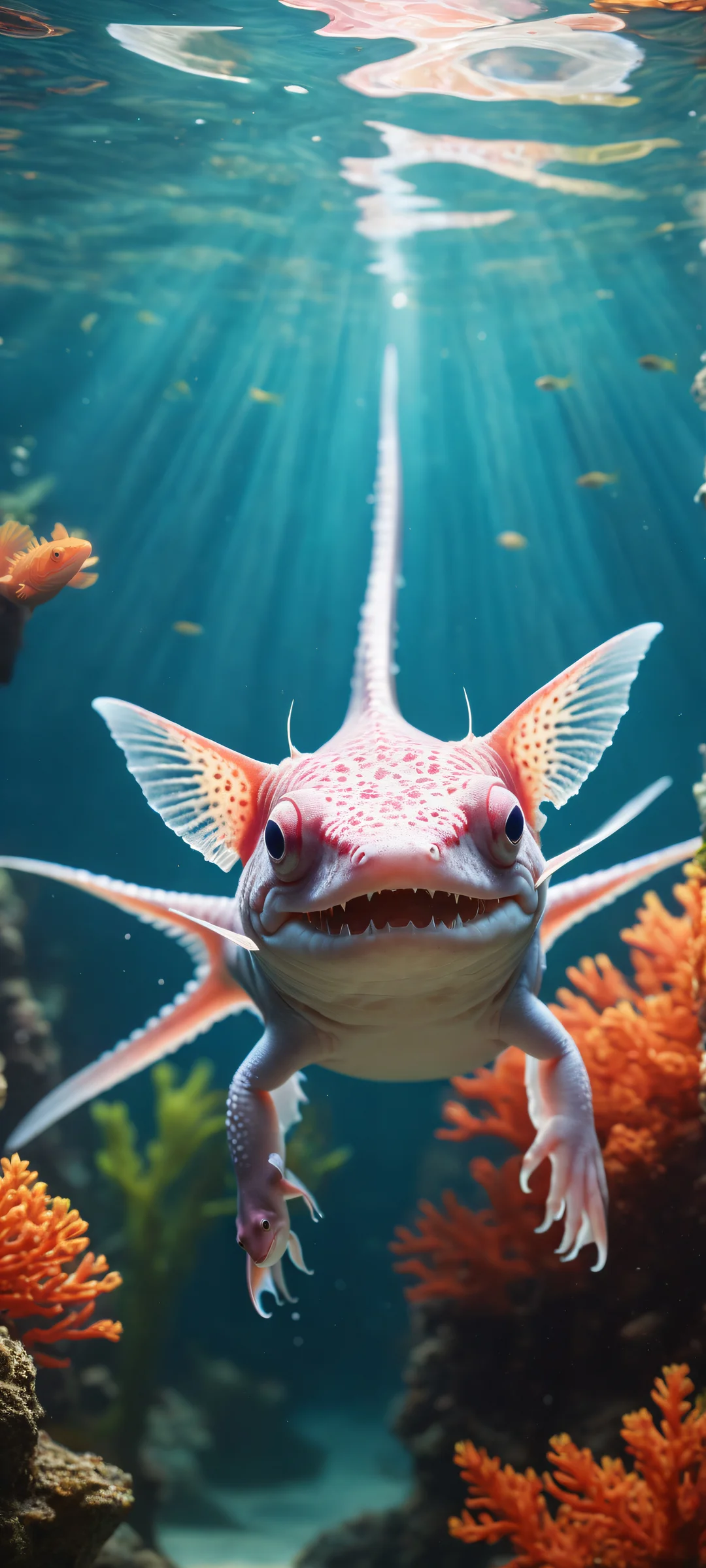 A stunning axolotl-inspired shark portrait on a clean white background with an underwater scene inspired by IKEA BLAHAJ, perfect for iPhone/Android home screens.