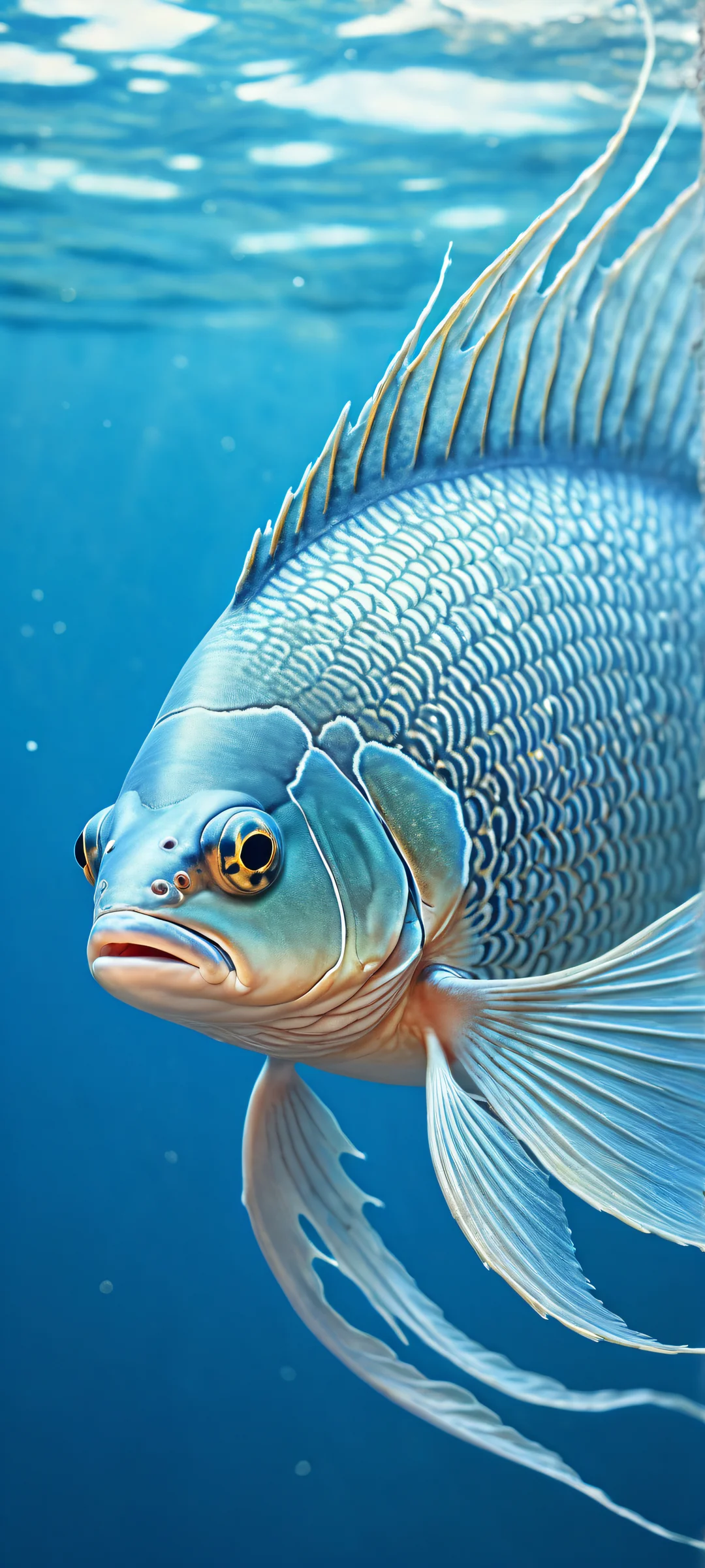 Delicate fish with shimmering scales in a vast oceanic void, perfectly optimized for iPhone/Android home screens.