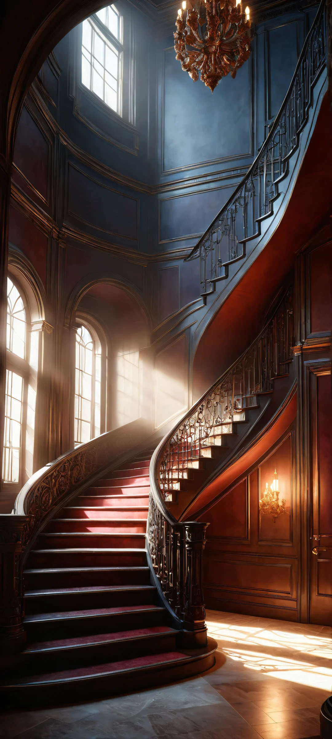 A dark and foreboding staircase from Resident Evil series on a clean and empty interior with subtle lighting effects. iPhone/Android.